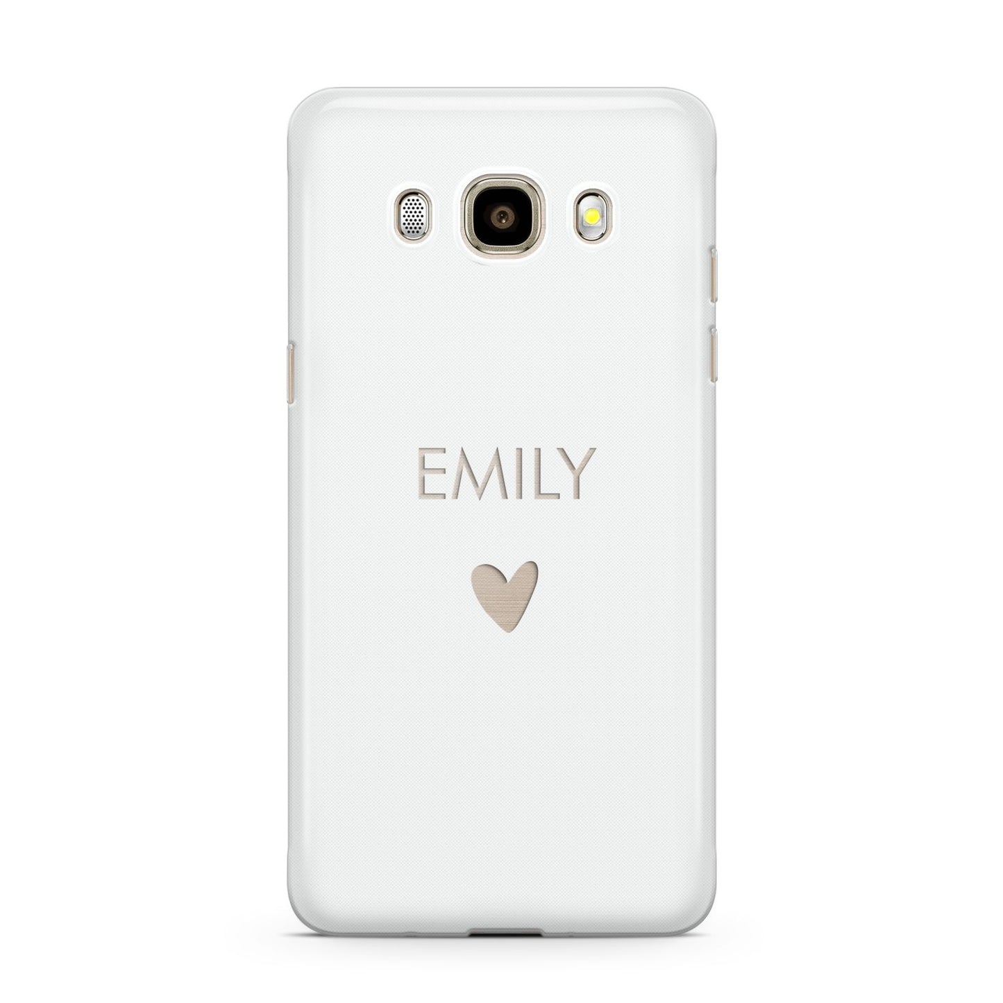 Personalised Cutout Name Heart Clear White Samsung Galaxy J7 2016 Case on gold phone
