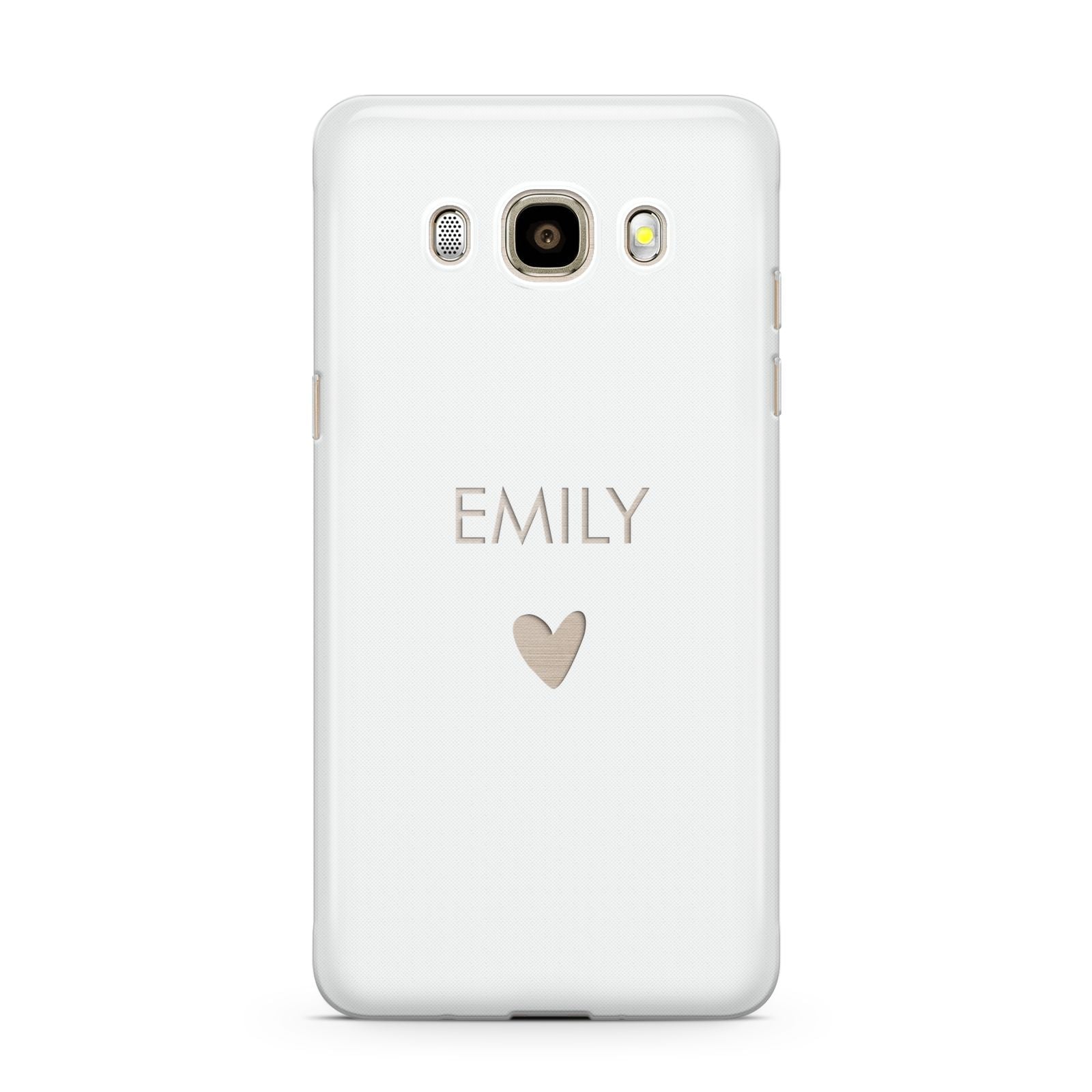 Personalised Cutout Name Heart Clear White Samsung Galaxy J7 2016 Case on gold phone