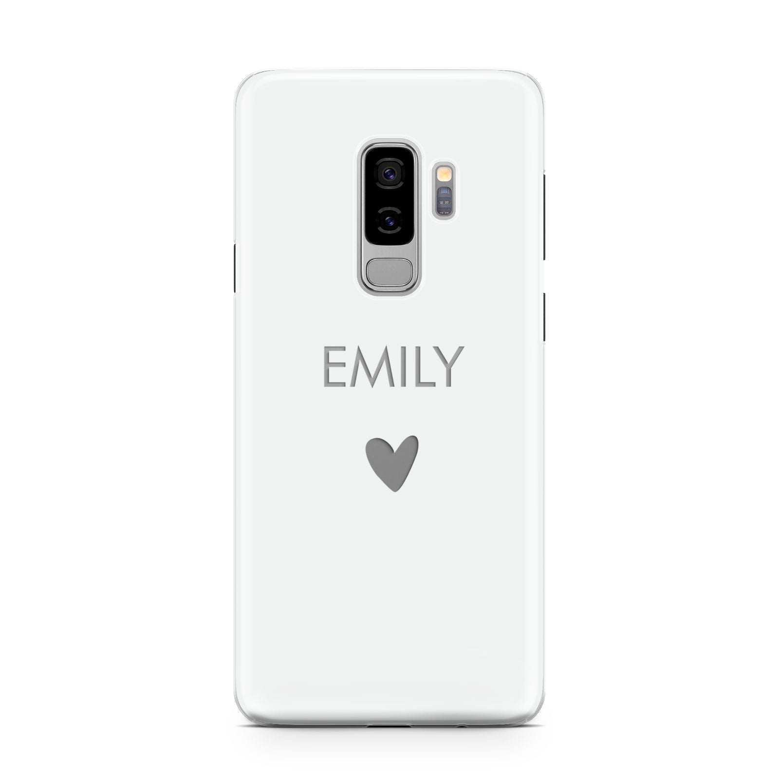 Personalised Cutout Name Heart Clear White Samsung Galaxy S9 Plus Case on Silver phone