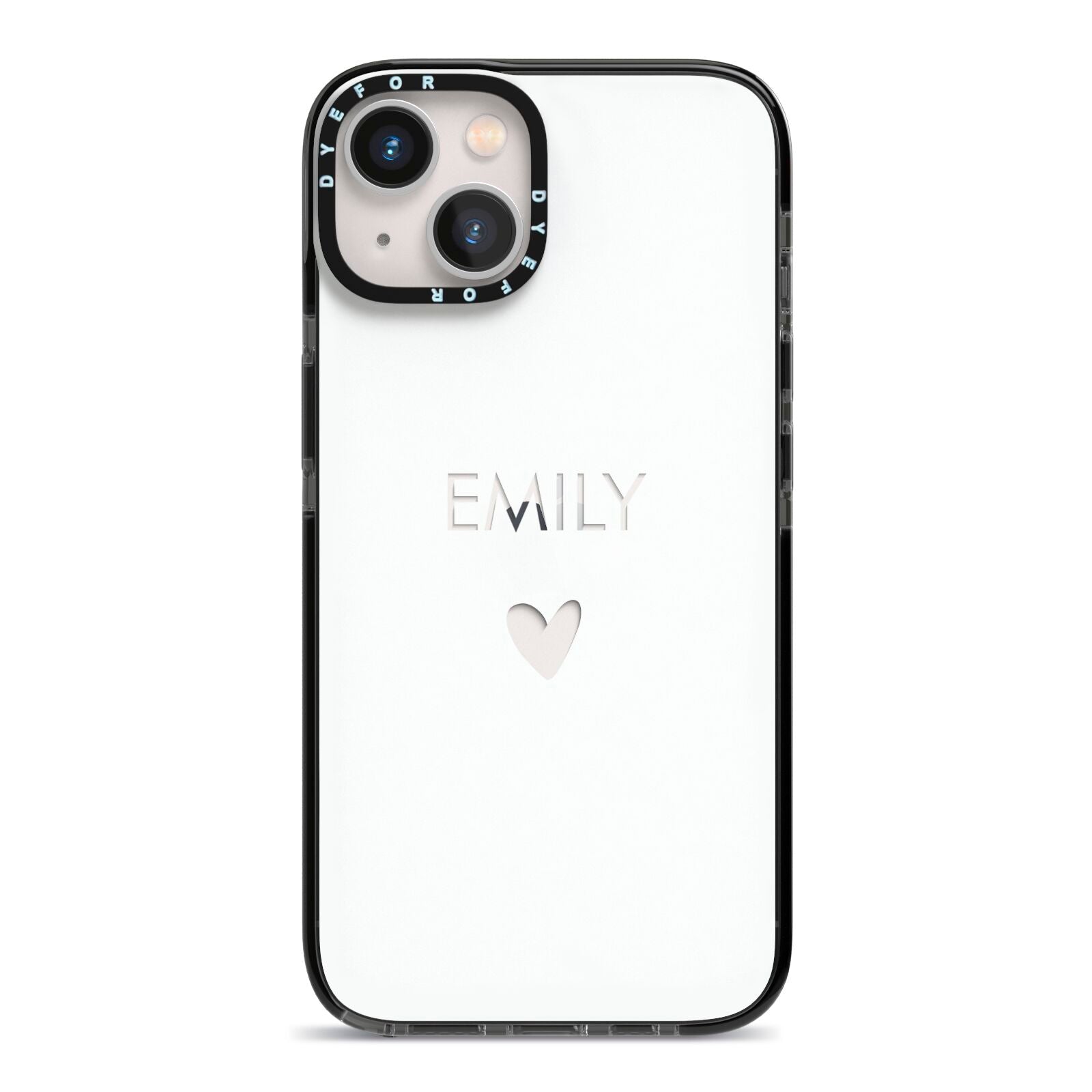 Personalised Cutout Name Heart Clear White iPhone 13 Black Impact Case on Silver phone