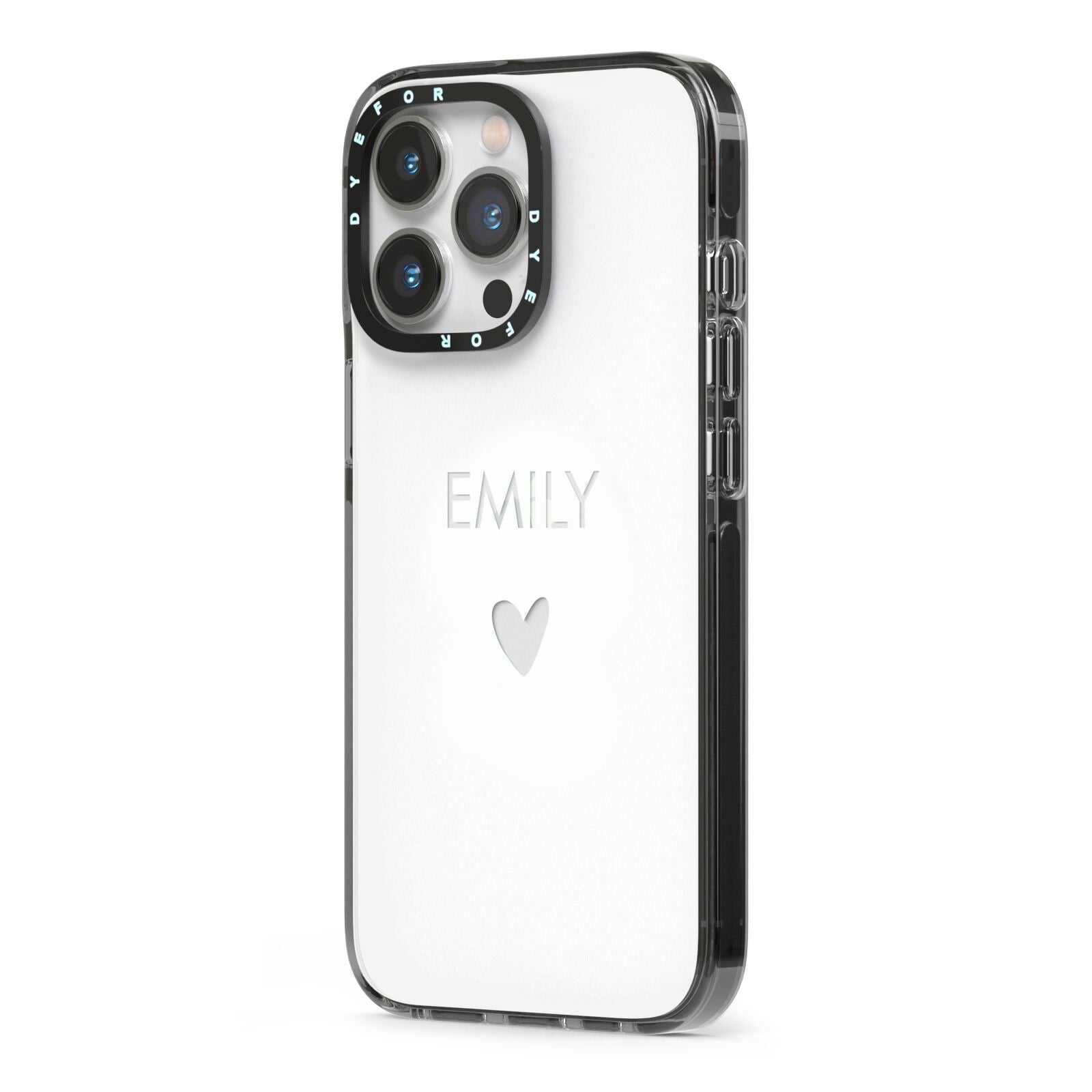 Personalised Cutout Name Heart Clear White iPhone 13 Pro Black Impact Case Side Angle on Silver phone