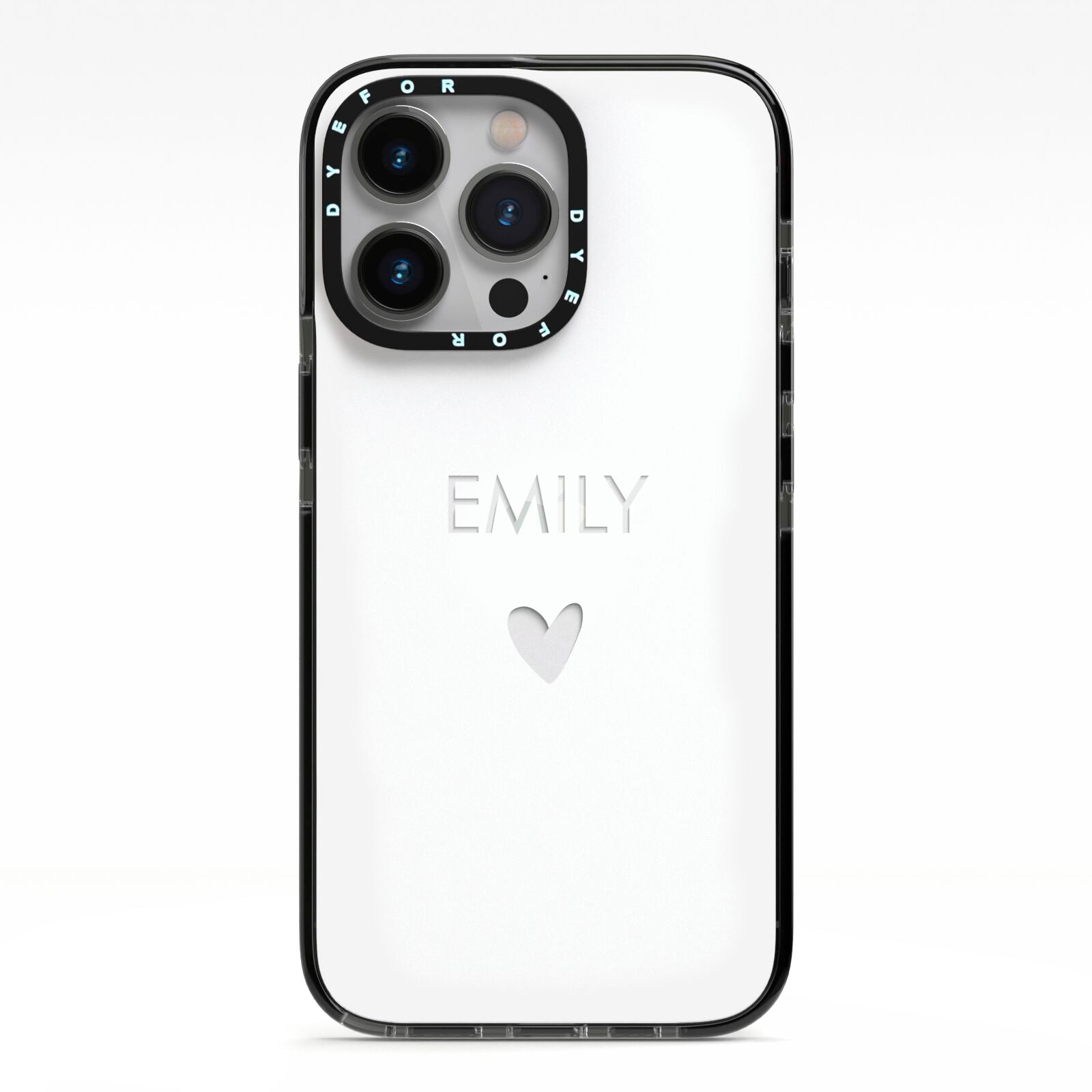 Personalised Cutout Name Heart Clear White iPhone 13 Pro Black Impact Case on Silver phone