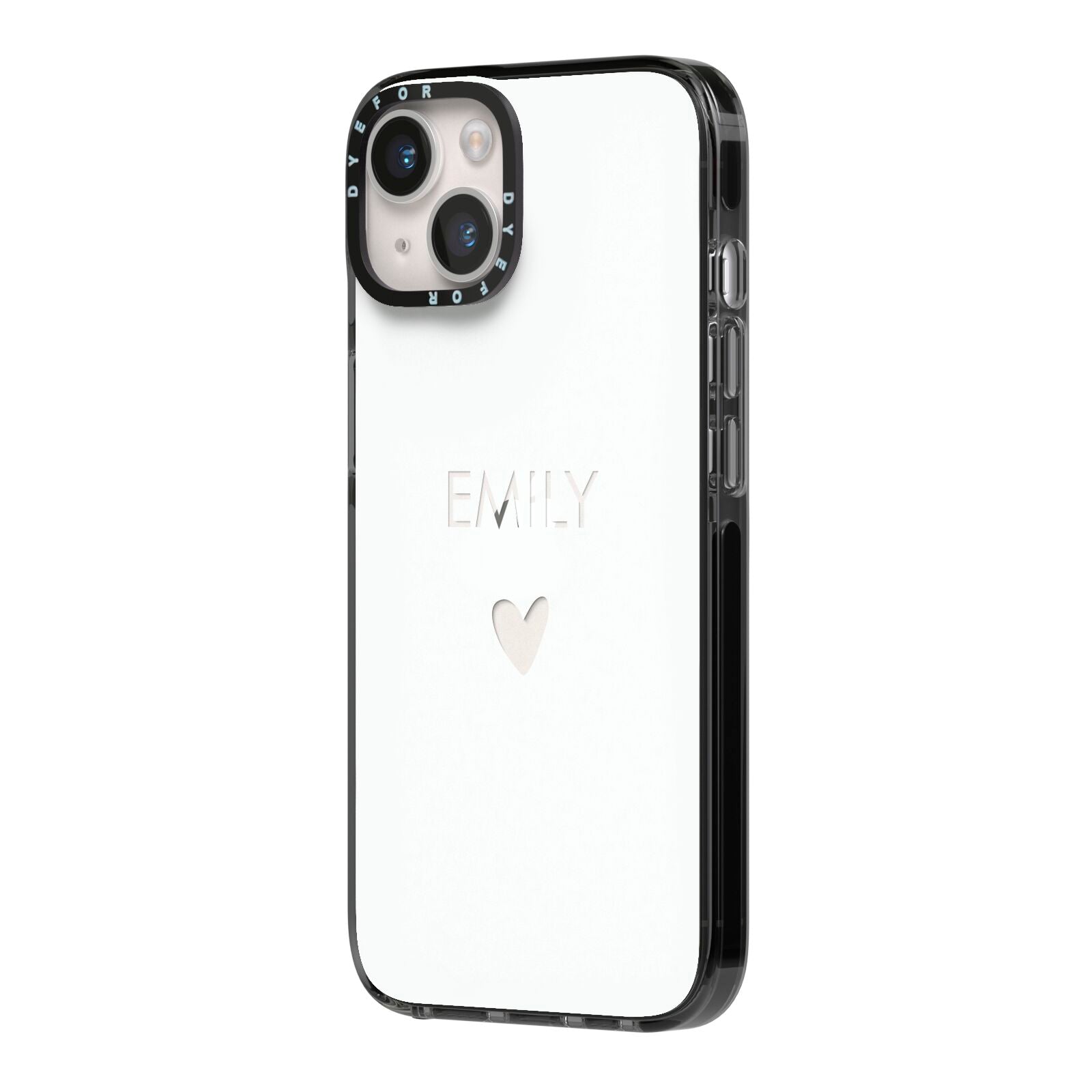 Personalised Cutout Name Heart Clear White iPhone 14 Black Impact Case Side Angle on Silver phone