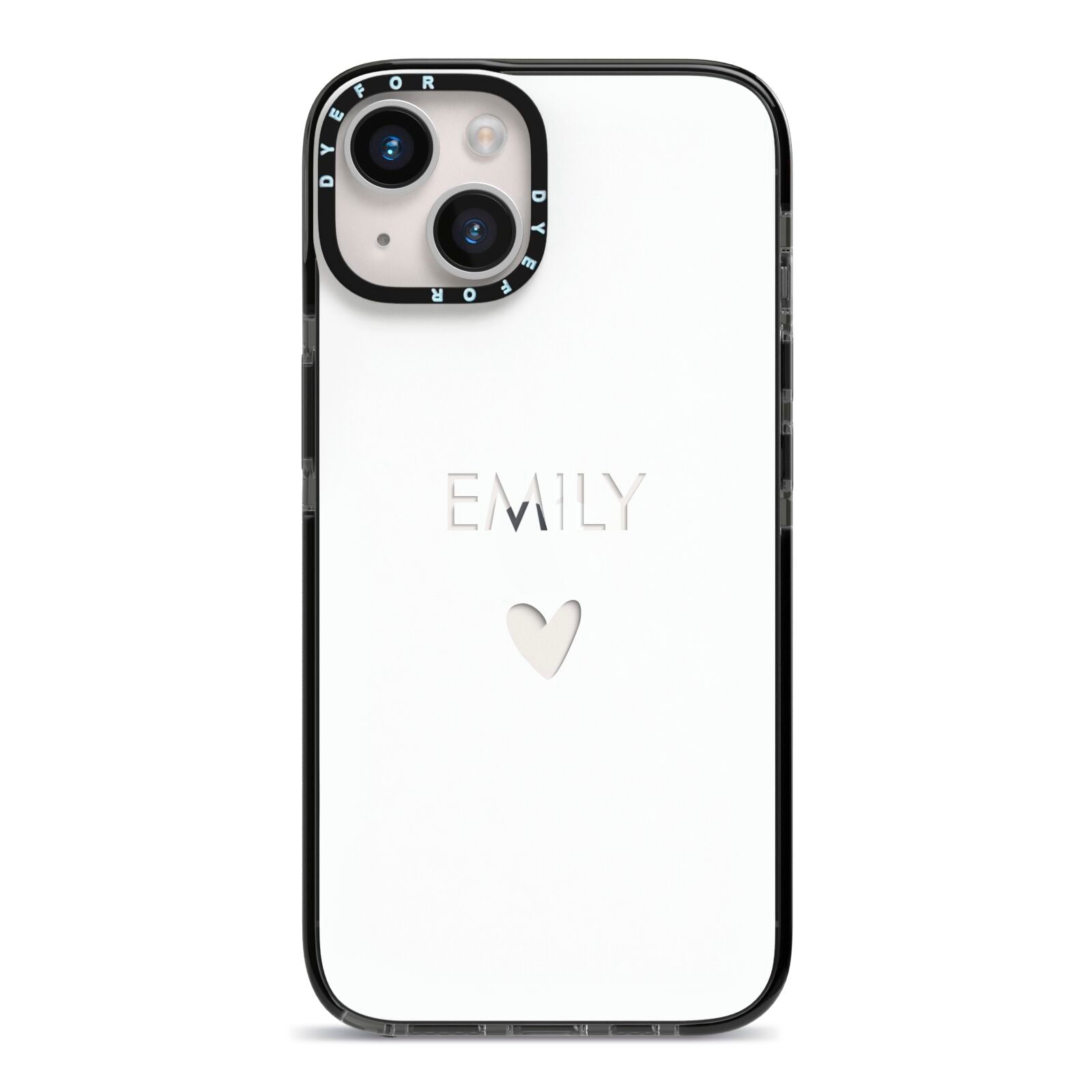 Personalised Cutout Name Heart Clear White iPhone 14 Black Impact Case on Silver phone