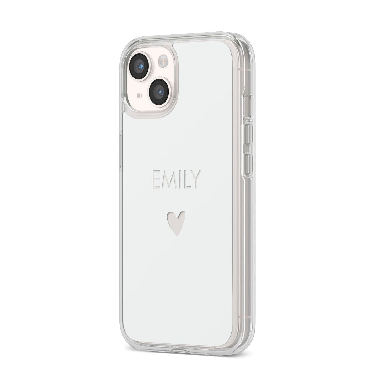 Personalised Cutout Name Heart Clear White iPhone 14 Clear Tough Case Starlight Angled Image