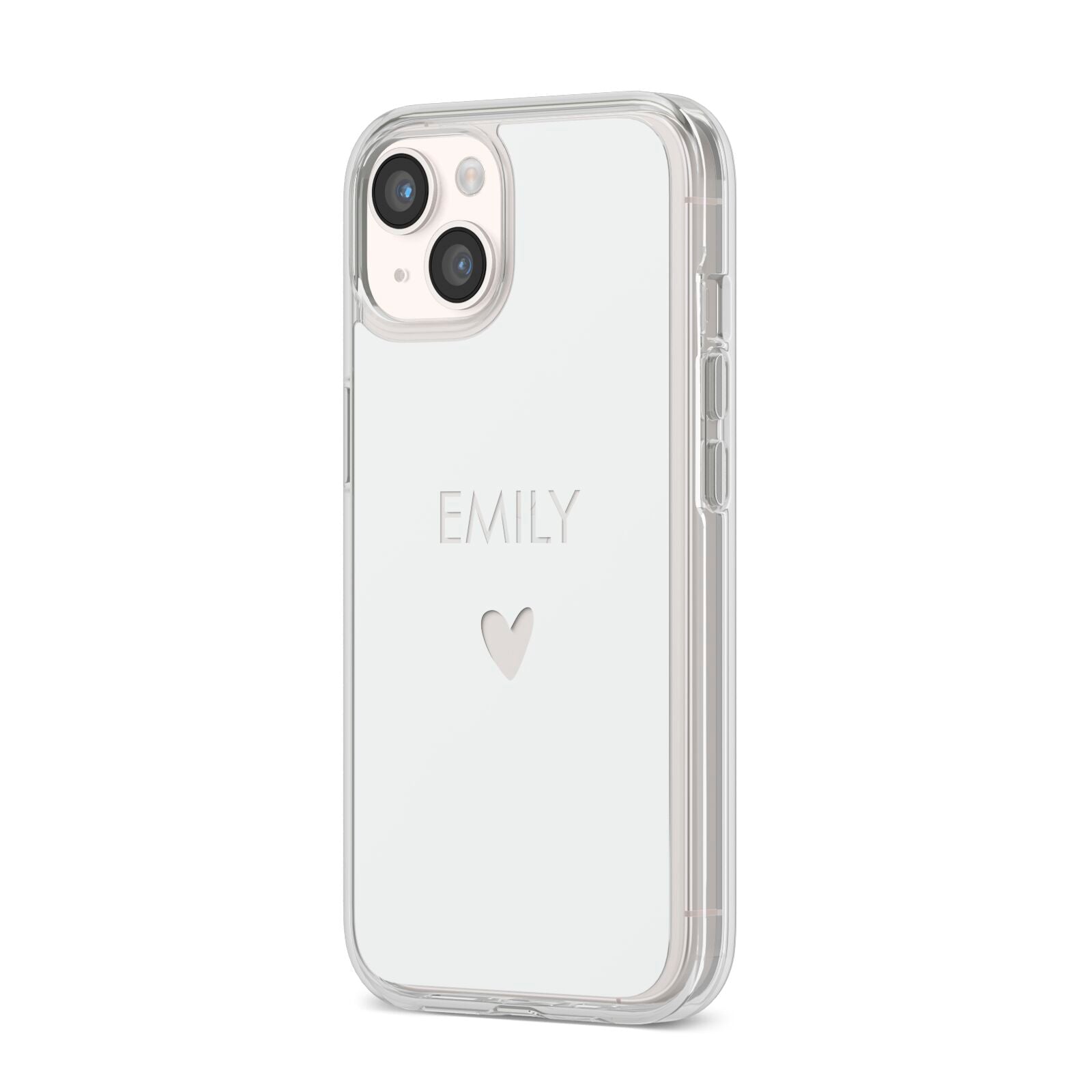 Personalised Cutout Name Heart Clear White iPhone 14 Clear Tough Case Starlight Angled Image