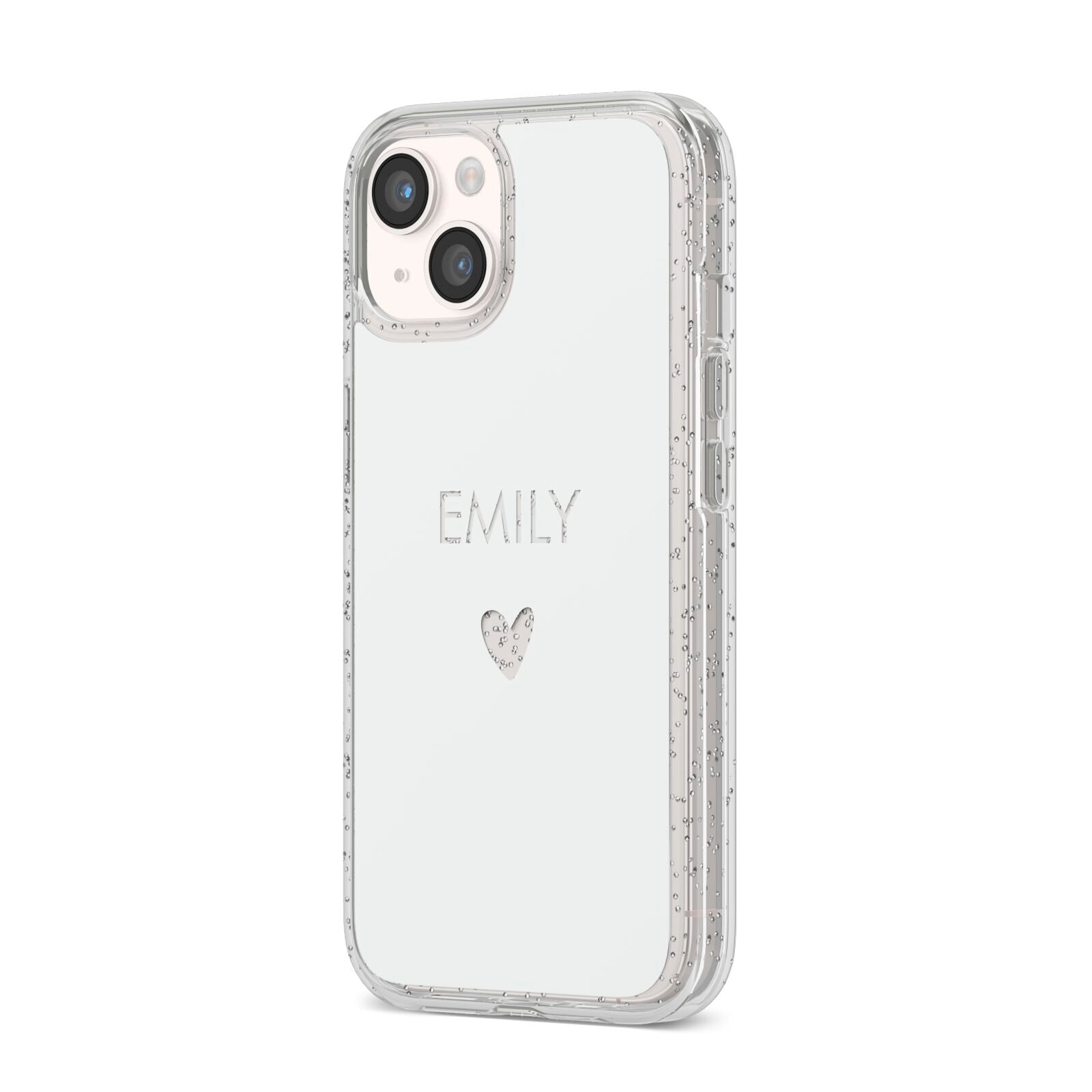 Personalised Cutout Name Heart Clear White iPhone 14 Glitter Tough Case Starlight Angled Image