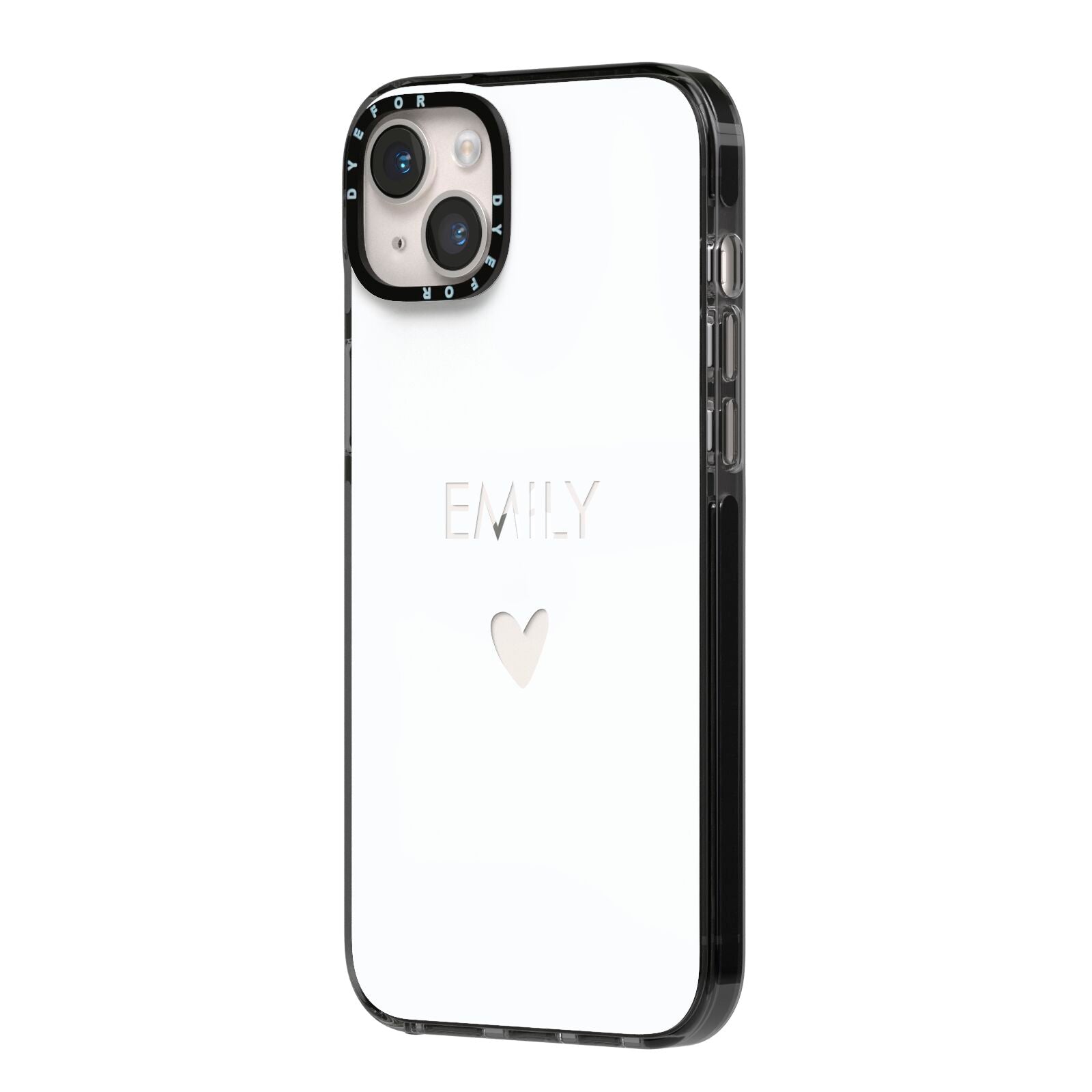 Personalised Cutout Name Heart Clear White iPhone 14 Plus Black Impact Case Side Angle on Silver phone