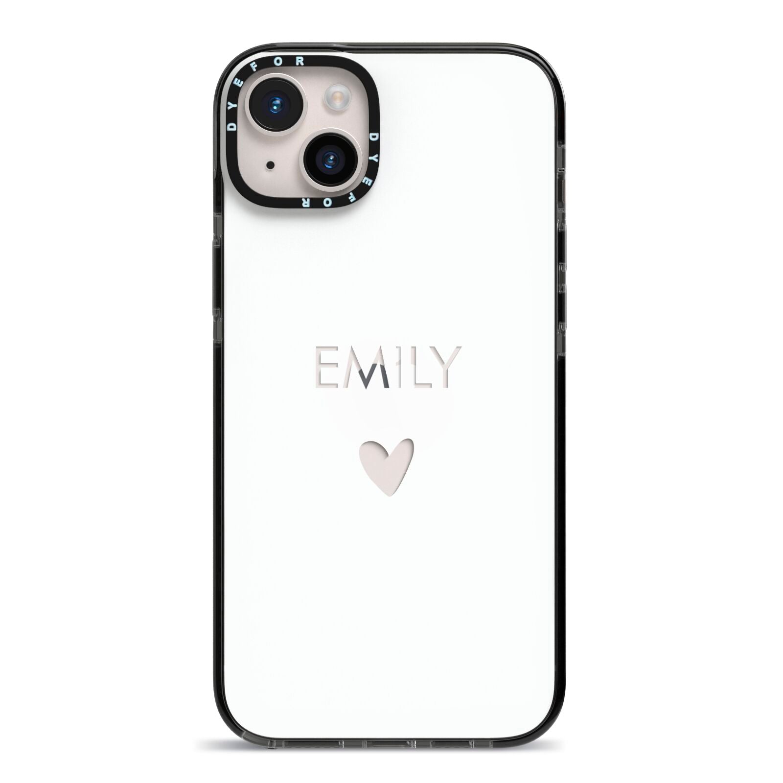 Personalised Cutout Name Heart Clear White iPhone 14 Plus Black Impact Case on Silver phone