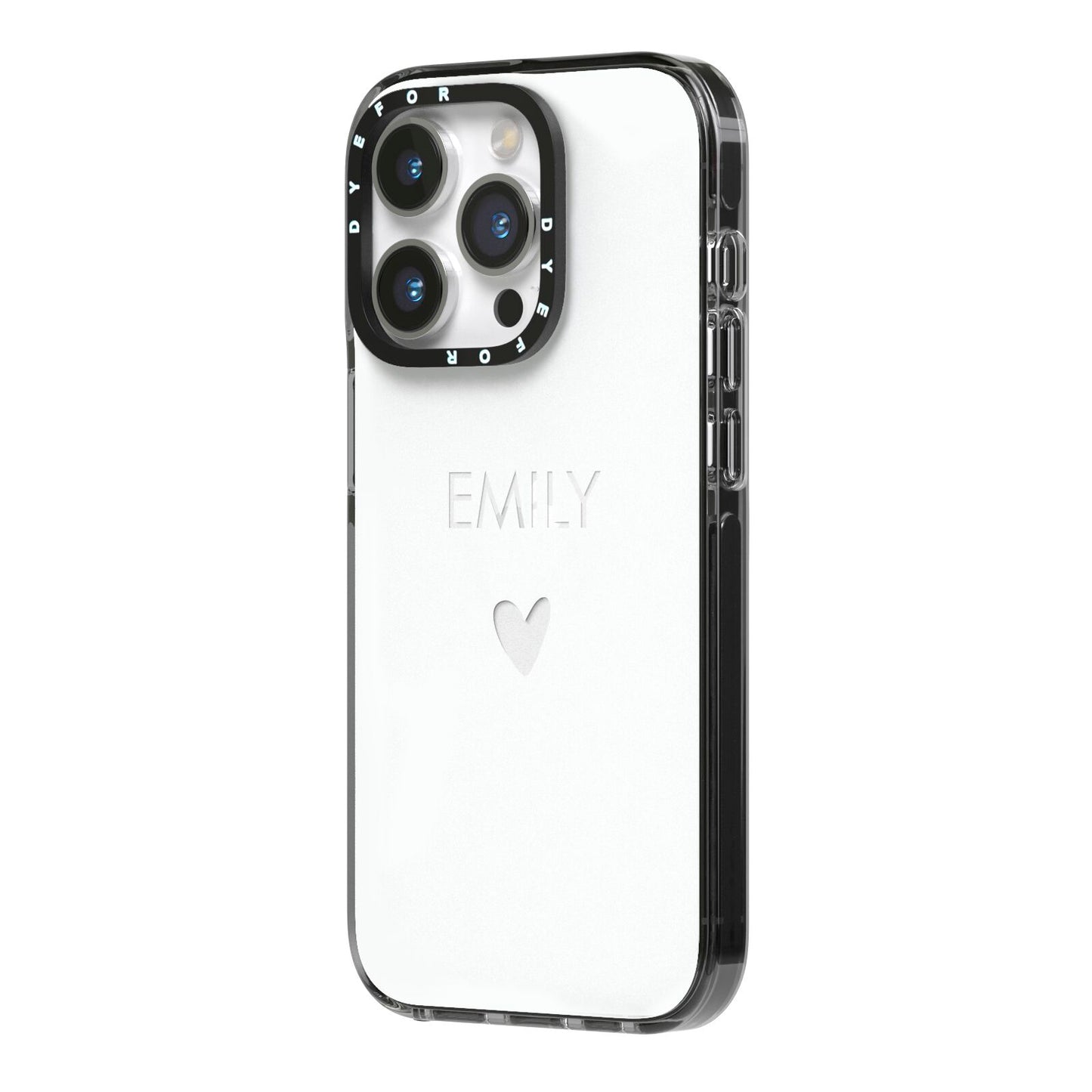 Personalised Cutout Name Heart Clear White iPhone 14 Pro Black Impact Case Side Angle on Silver phone