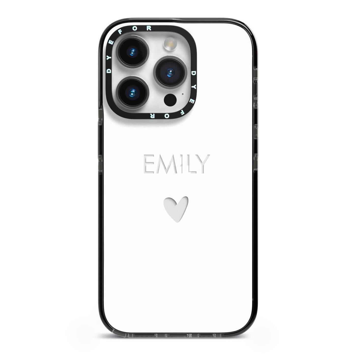 Personalised Cutout Name Heart Clear White iPhone 14 Pro Black Impact Case on Silver phone