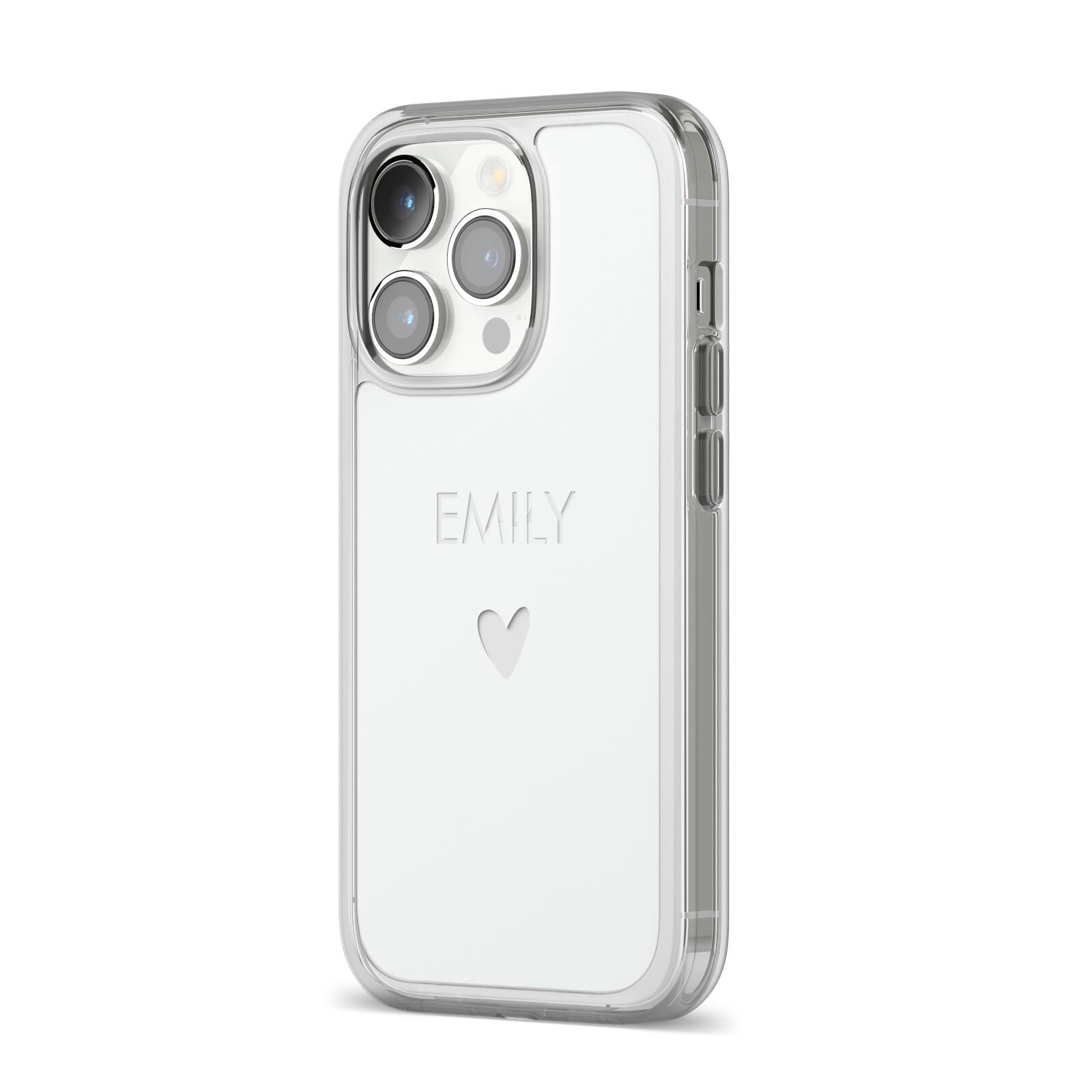 Personalised Cutout Name Heart Clear White iPhone 14 Pro Clear Tough Case Silver Angled Image