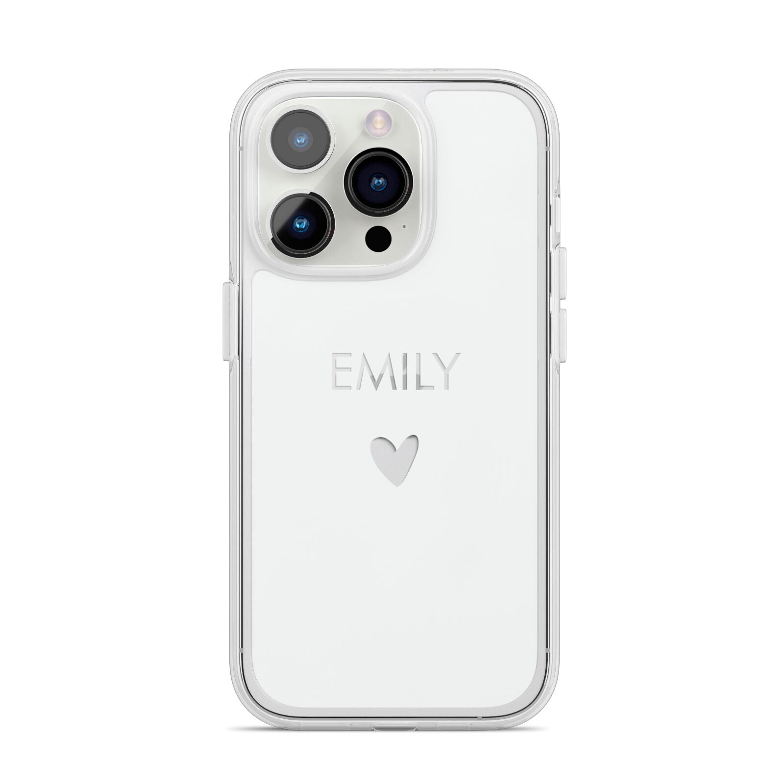 Personalised Cutout Name Heart Clear White iPhone 14 Pro Clear Tough Case Silver