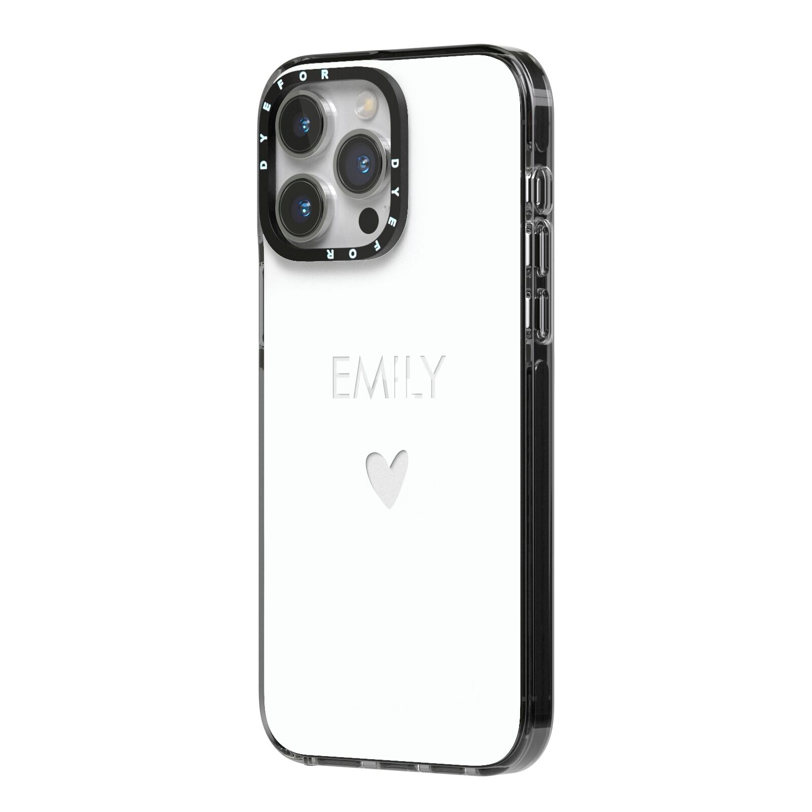 Personalised Cutout Name Heart Clear White iPhone 14 Pro Max Black Impact Case Side Angle on Silver phone