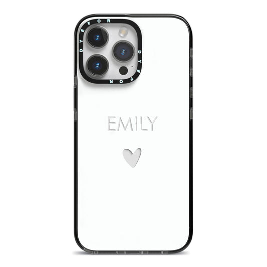 Personalised Cutout Name Heart Clear White iPhone 14 Pro Max Black Impact Case on Silver phone