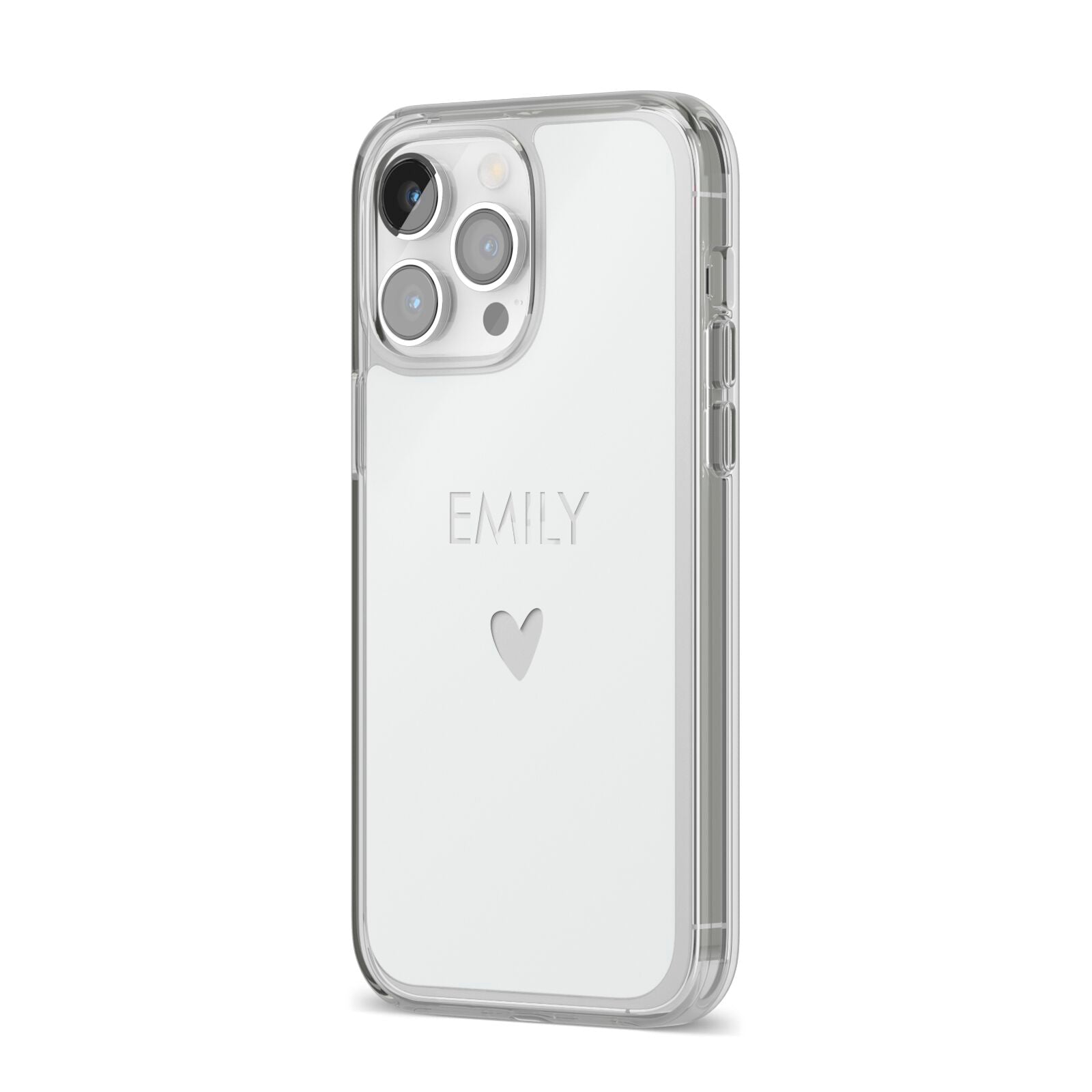 Personalised Cutout Name Heart Clear White iPhone 14 Pro Max Clear Tough Case Silver Angled Image