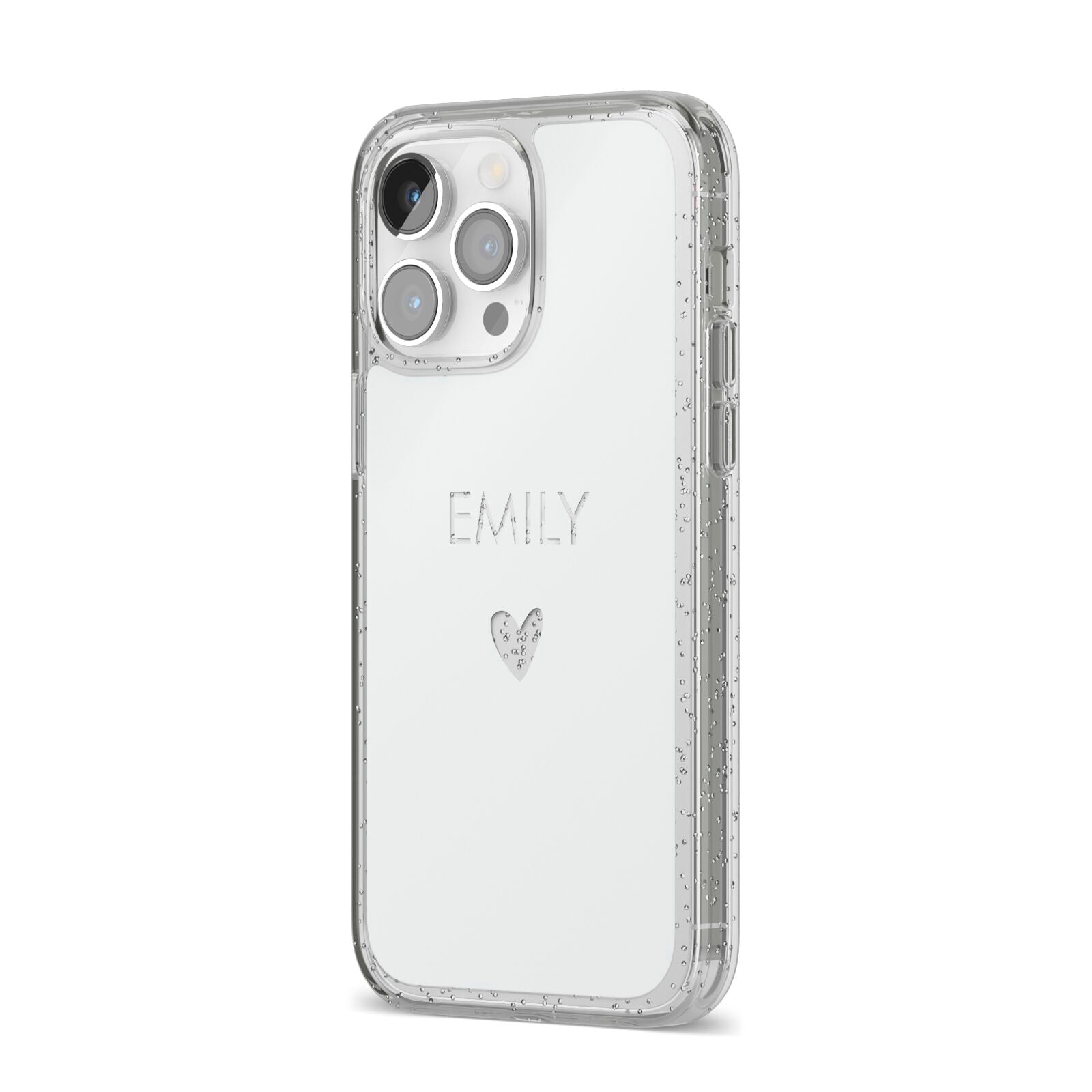 Personalised Cutout Name Heart Clear White iPhone 14 Pro Max Glitter Tough Case Silver Angled Image