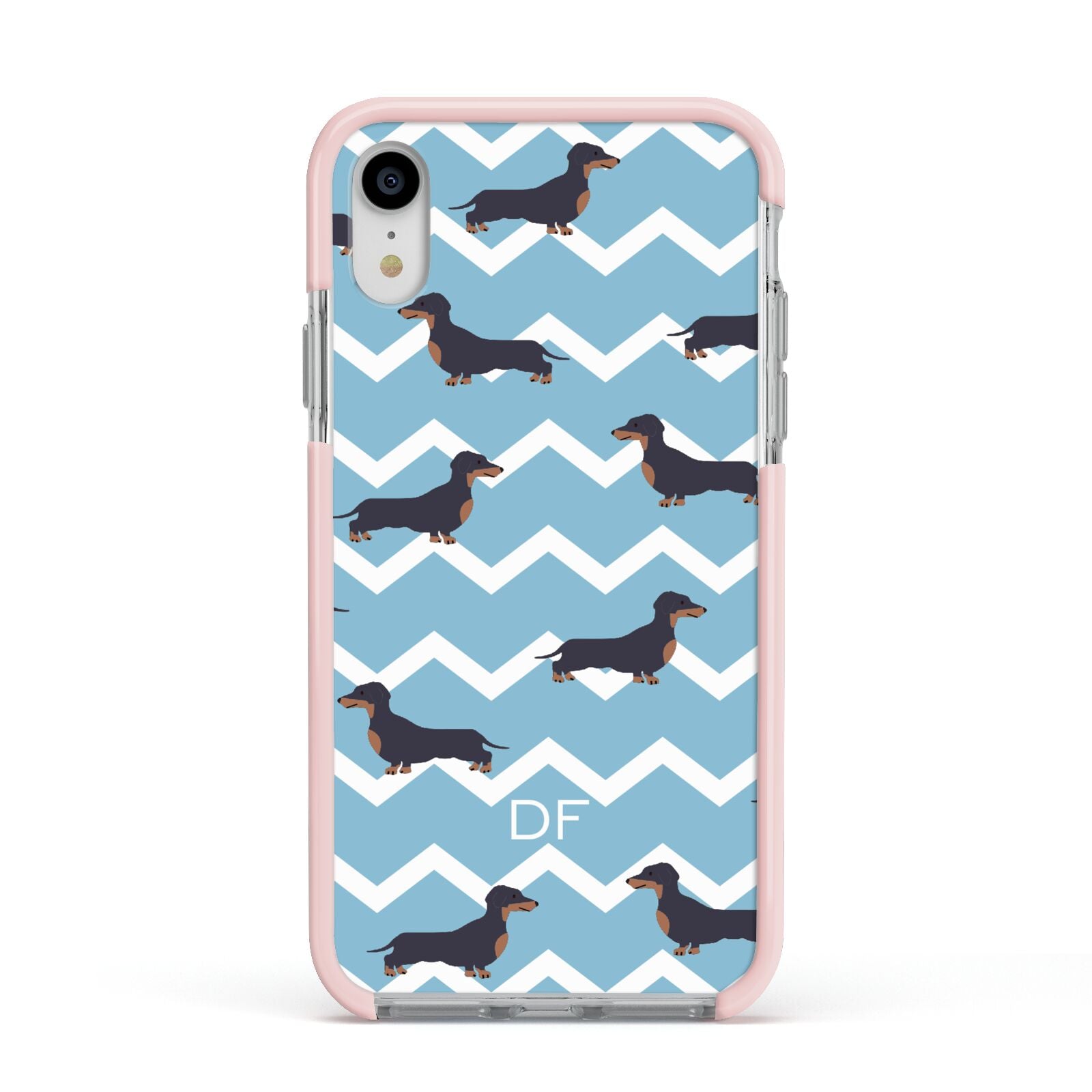 Personalised Dachshund Apple iPhone XR Impact Case Pink Edge on Silver Phone