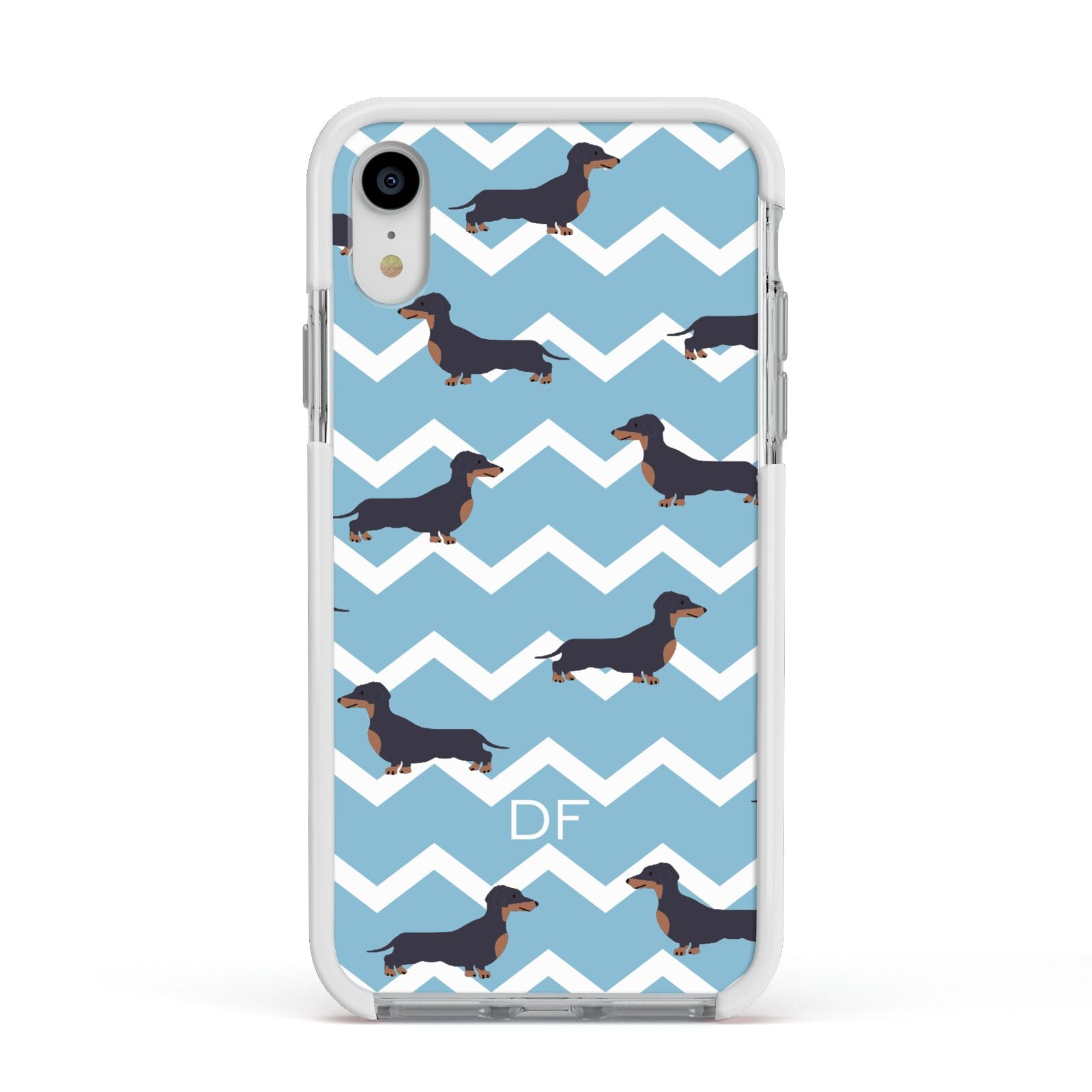 Personalised Dachshund Apple iPhone XR Impact Case White Edge on Silver Phone
