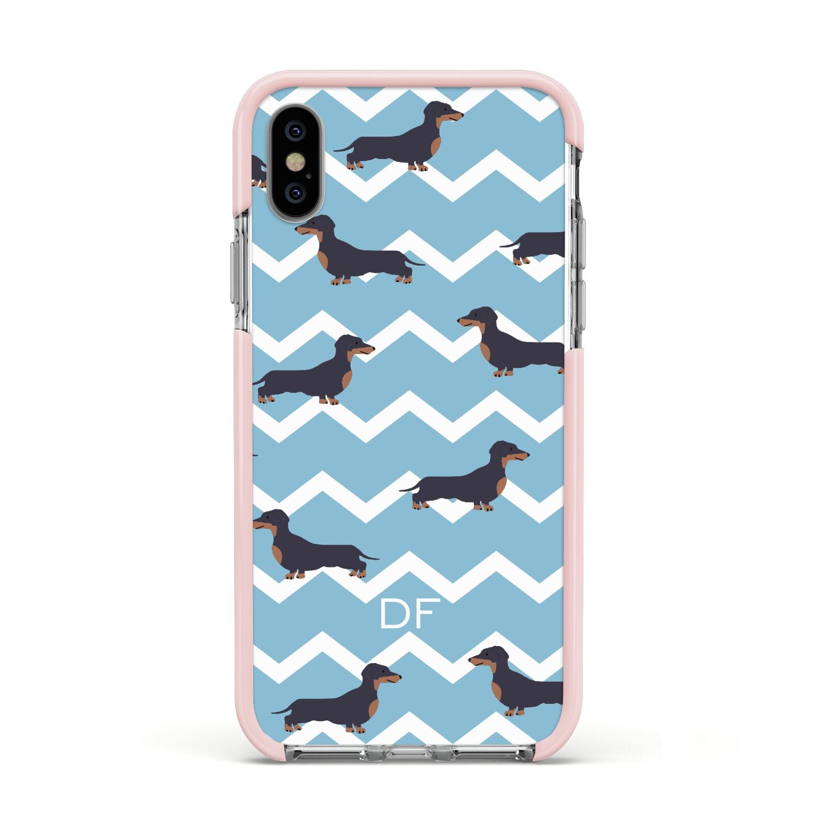 Personalised Dachshund Apple iPhone Xs Impact Case Pink Edge on Silver Phone