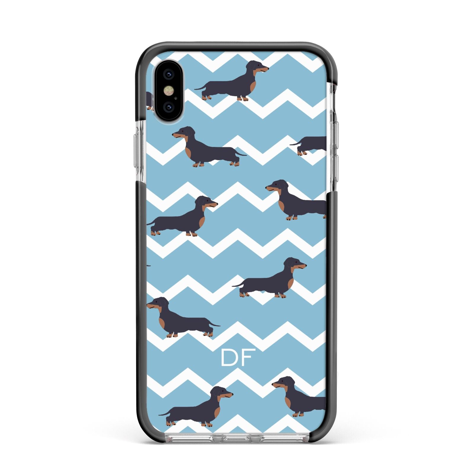 Personalised Dachshund Apple iPhone Xs Max Impact Case Black Edge on Silver Phone