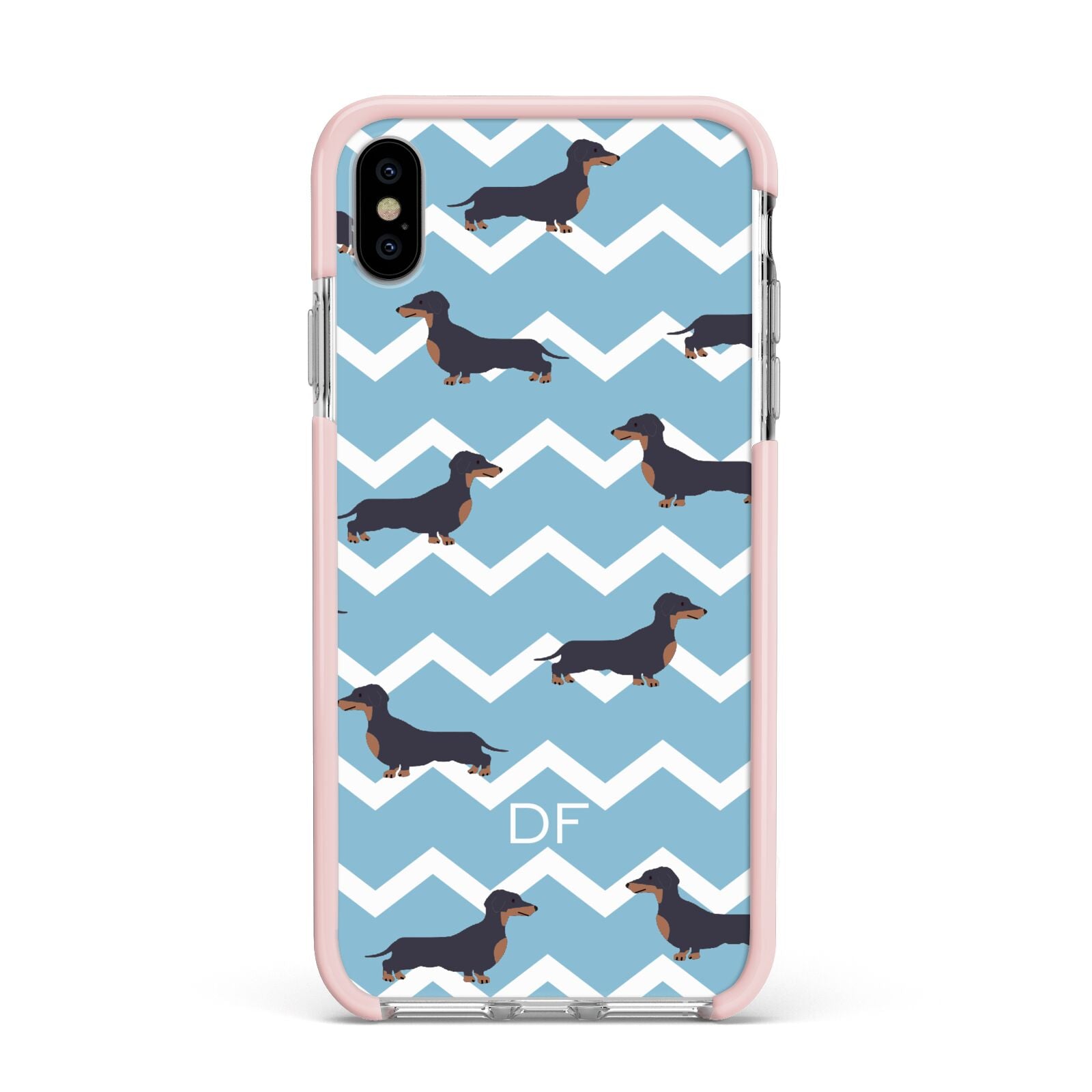 Personalised Dachshund Apple iPhone Xs Max Impact Case Pink Edge on Silver Phone