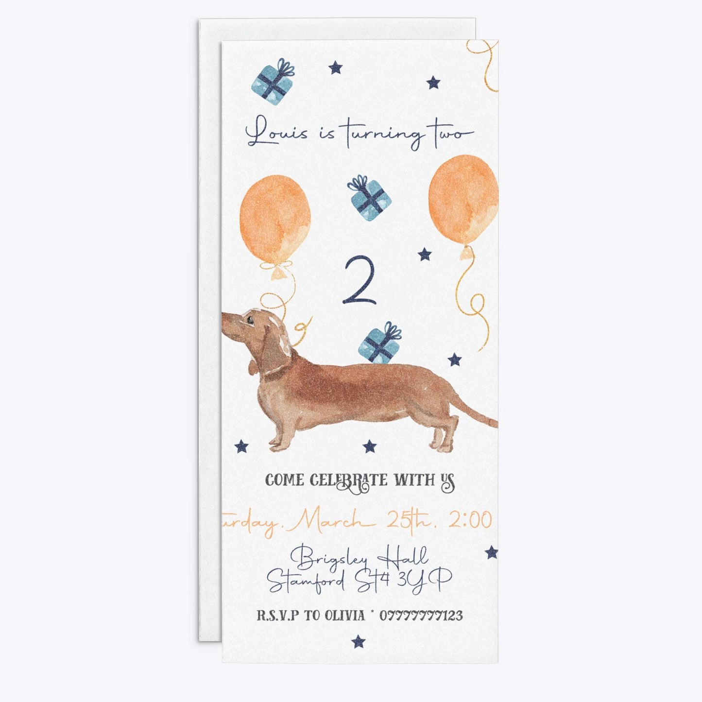 Personalised Dachshund Birthday 4x9 Rectangle Invitation Glitter Front and Back Image