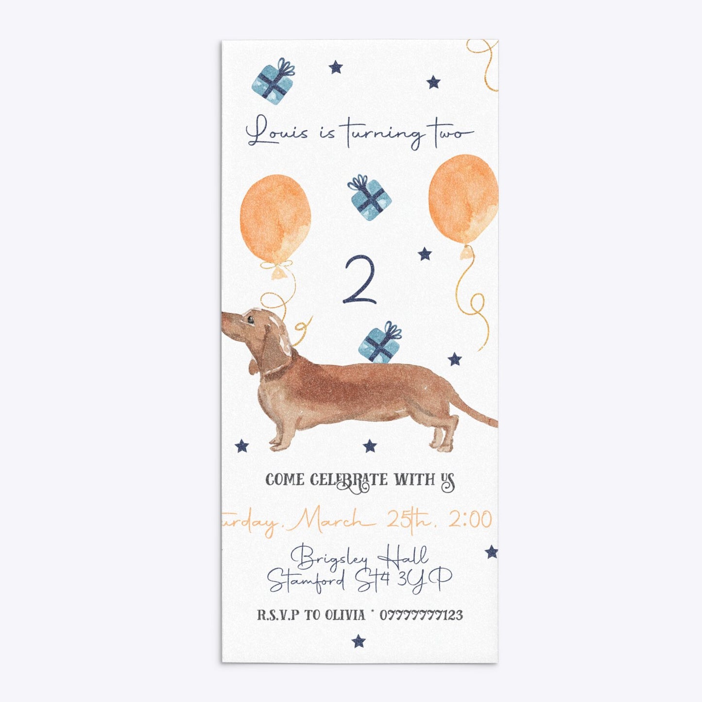 Personalised Dachshund Birthday 4x9 Rectangle Invitation Glitter