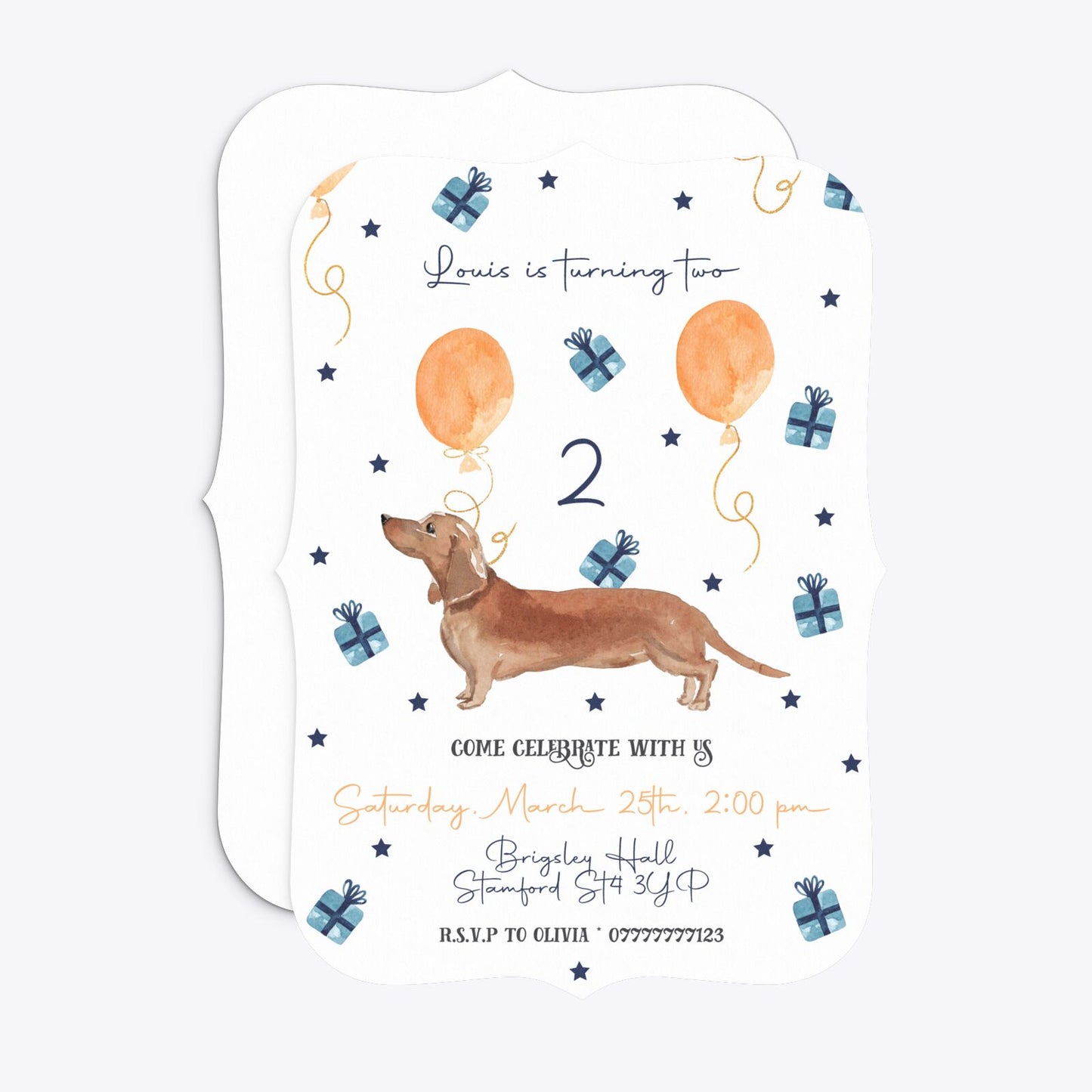 Personalised Dachshund Birthday Bracket Invitation Matte Paper Front and Back Image