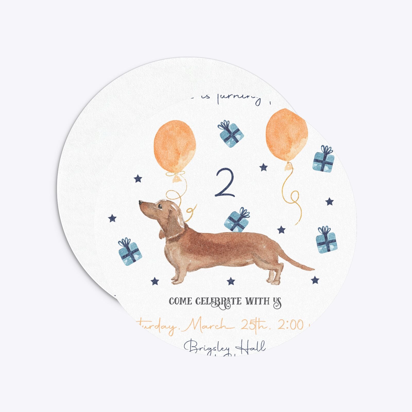 Personalised Dachshund Birthday Circle 5 25x5 25 Invitation Glitter Front and Back Image