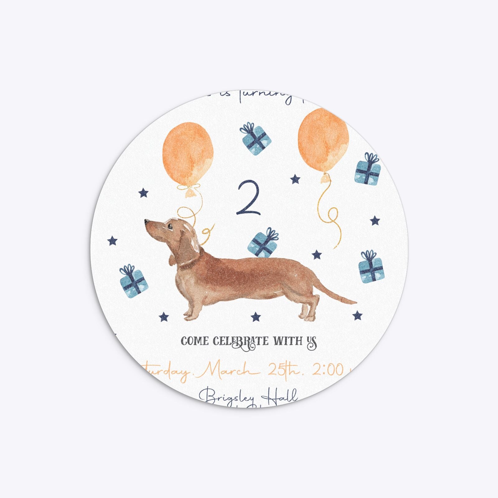Personalised Dachshund Birthday Circle 5 25x5 25 Invitation Glitter