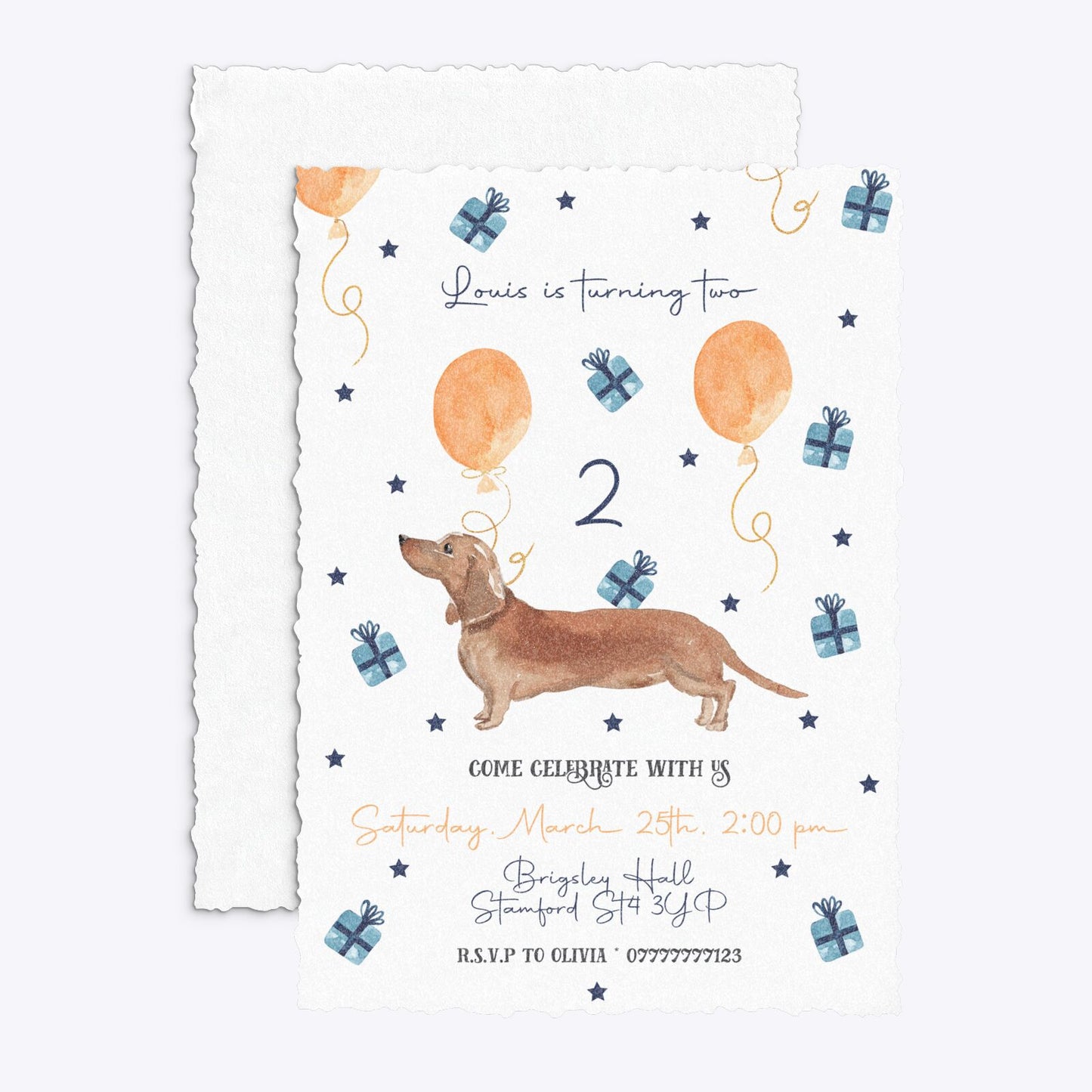 Personalised Dachshund Birthday Deckle Invitation Glitter Front and Back Image