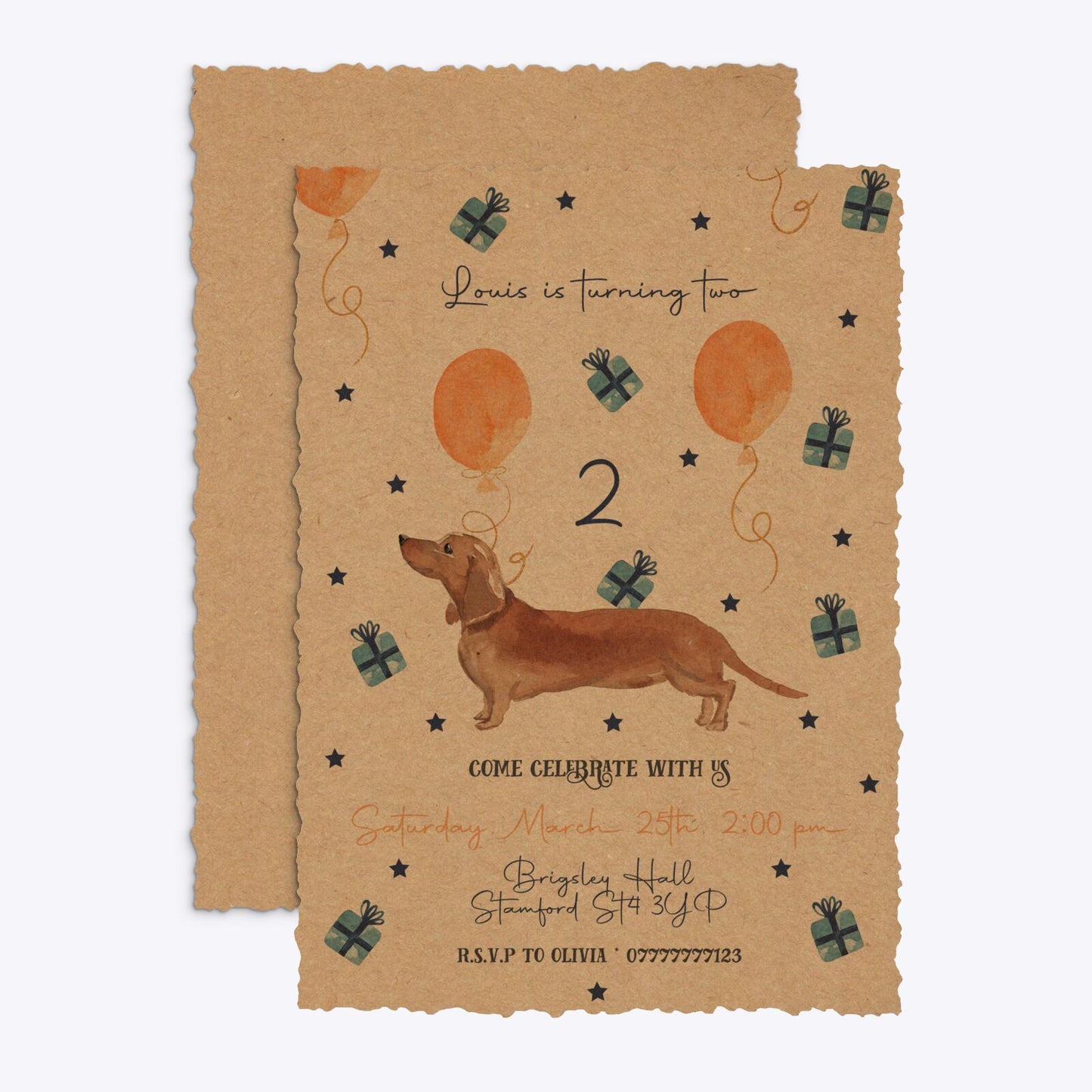 Personalised Dachshund Birthday Deckle Invitation Kraft Front and Back Image