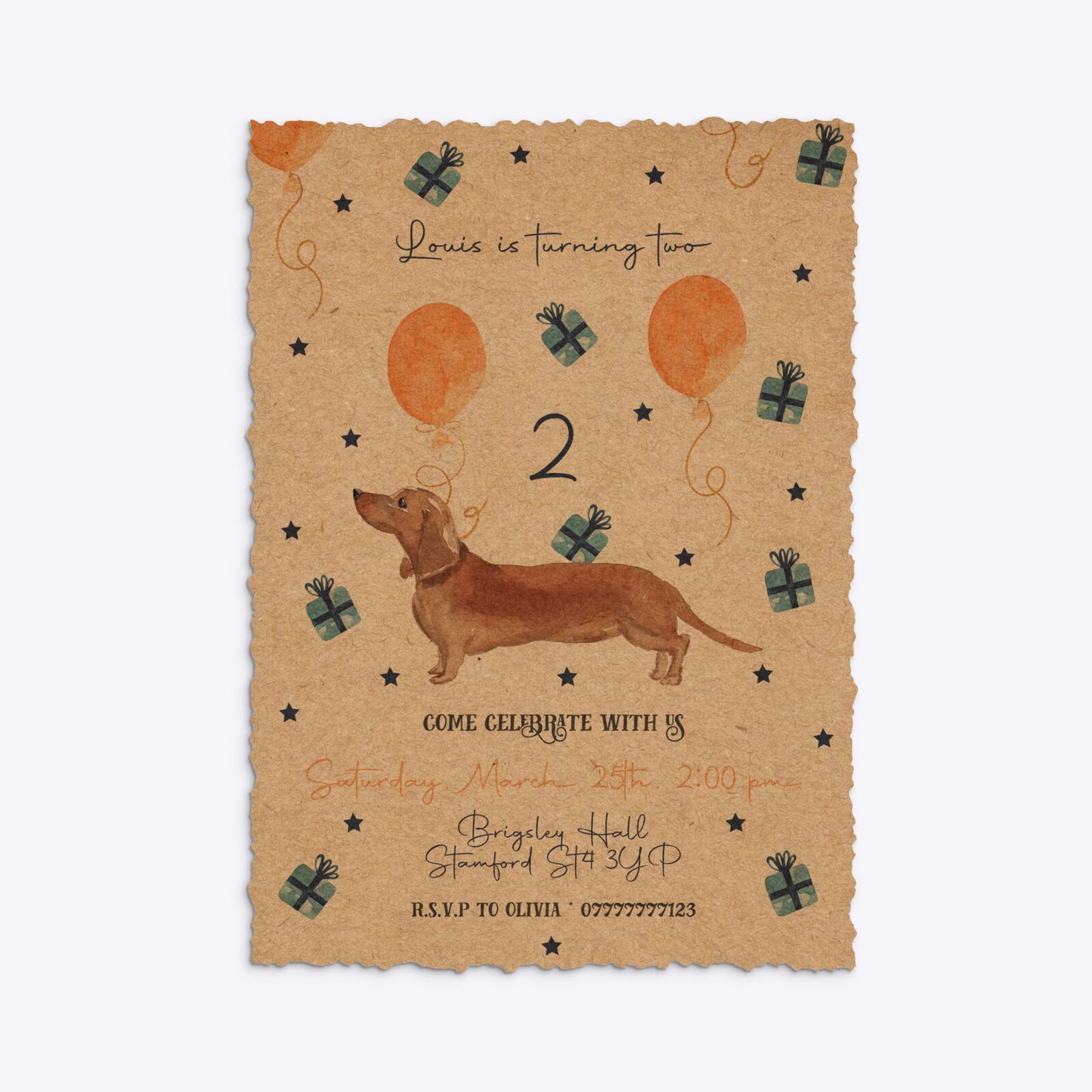 Personalised Dachshund Birthday Deckle Invitation Kraft