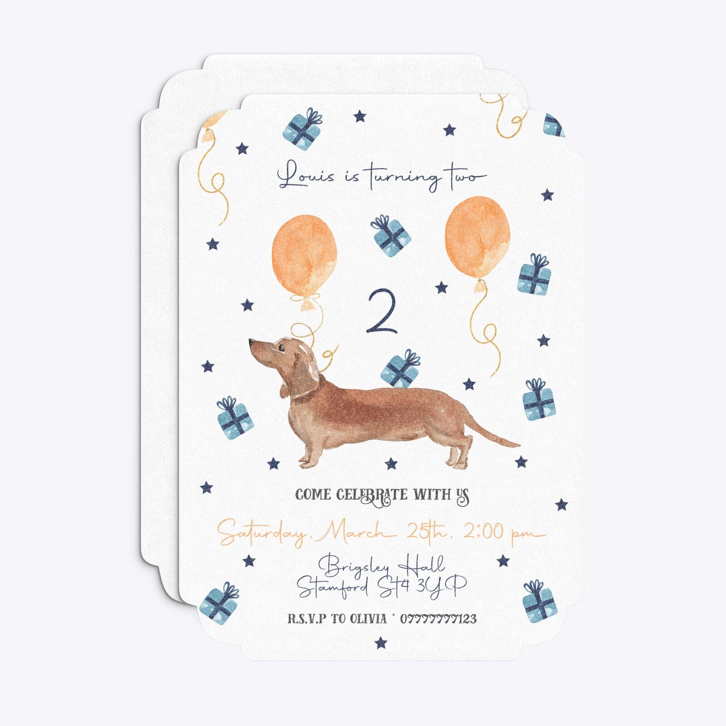 Personalised Dachshund Birthday Deco Invitation Glitter Front and Back Image
