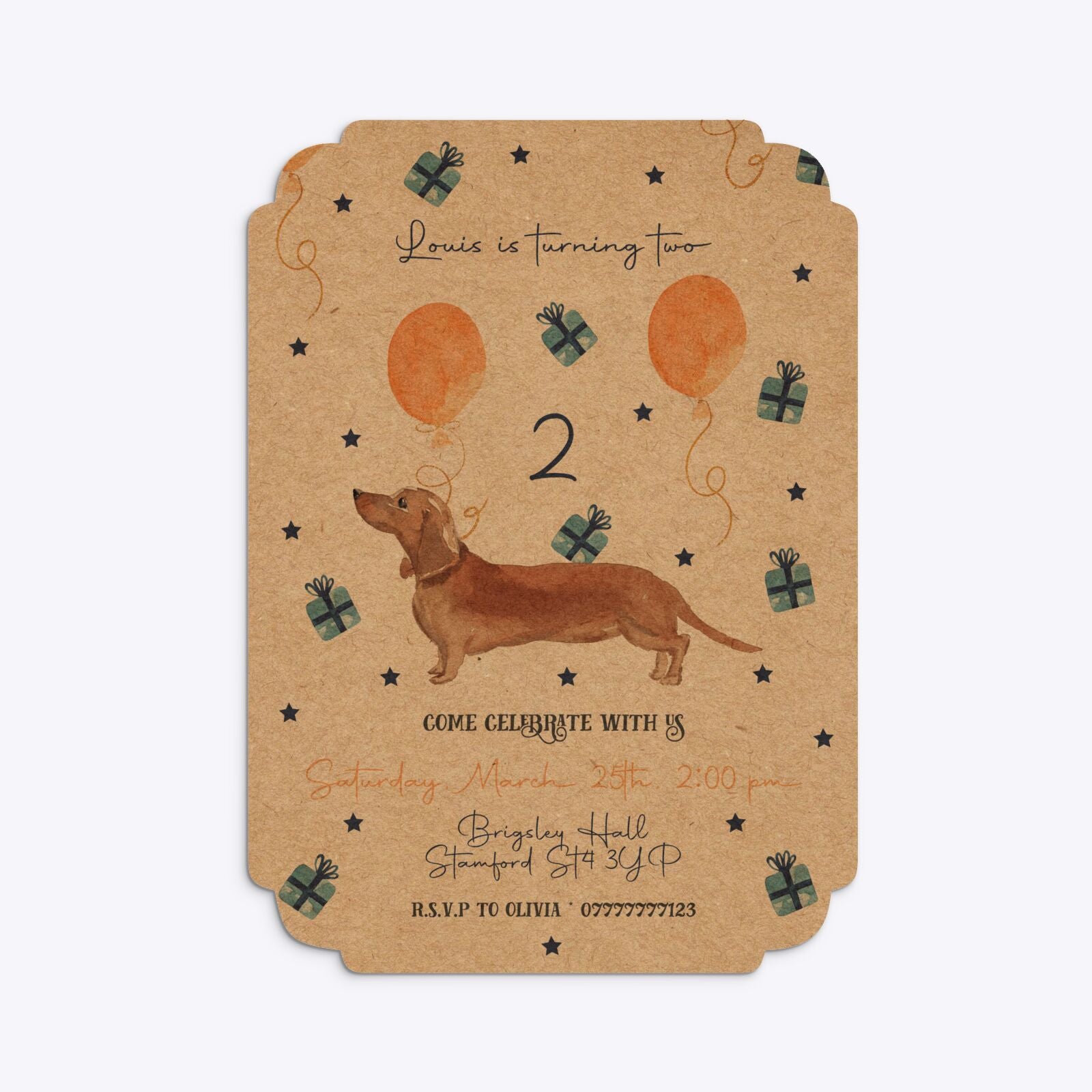 Personalised Dachshund Birthday Deco Invitation Kraft