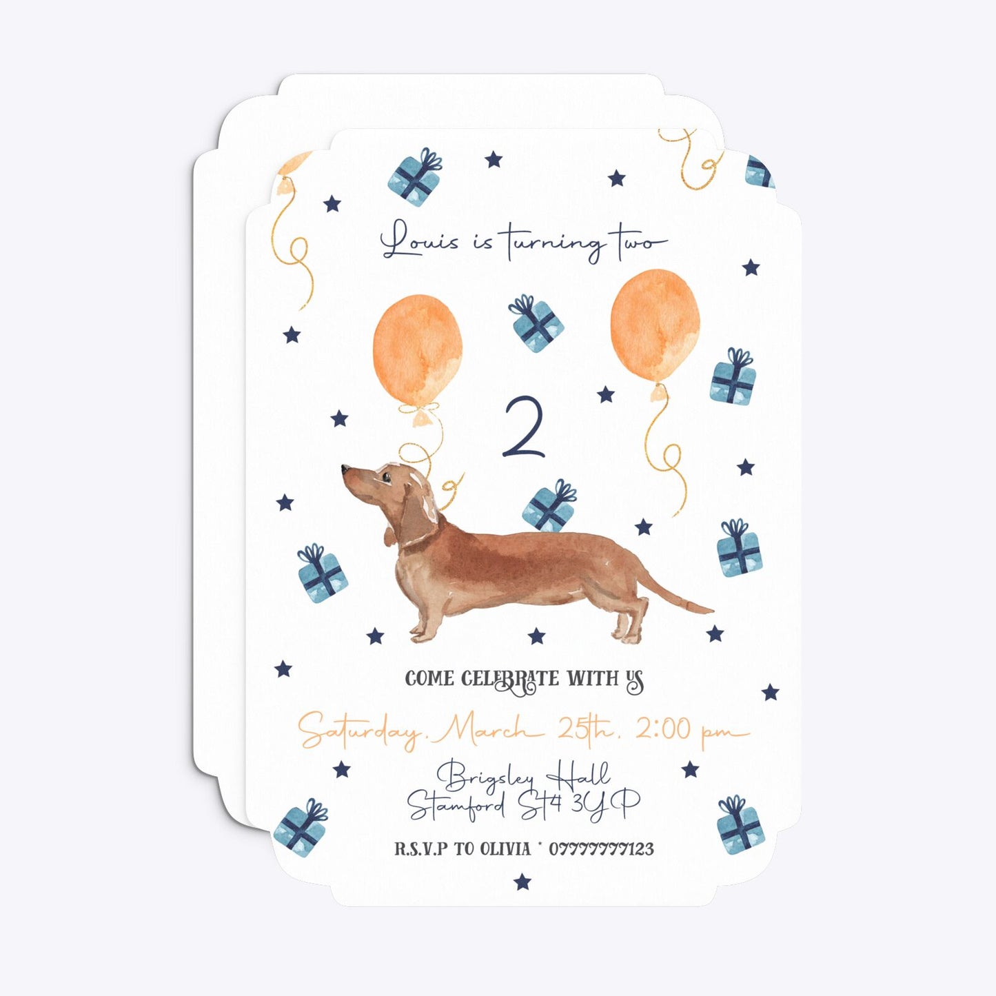 Personalised Dachshund Birthday Deco Invitation Matte Paper Front and Back Image