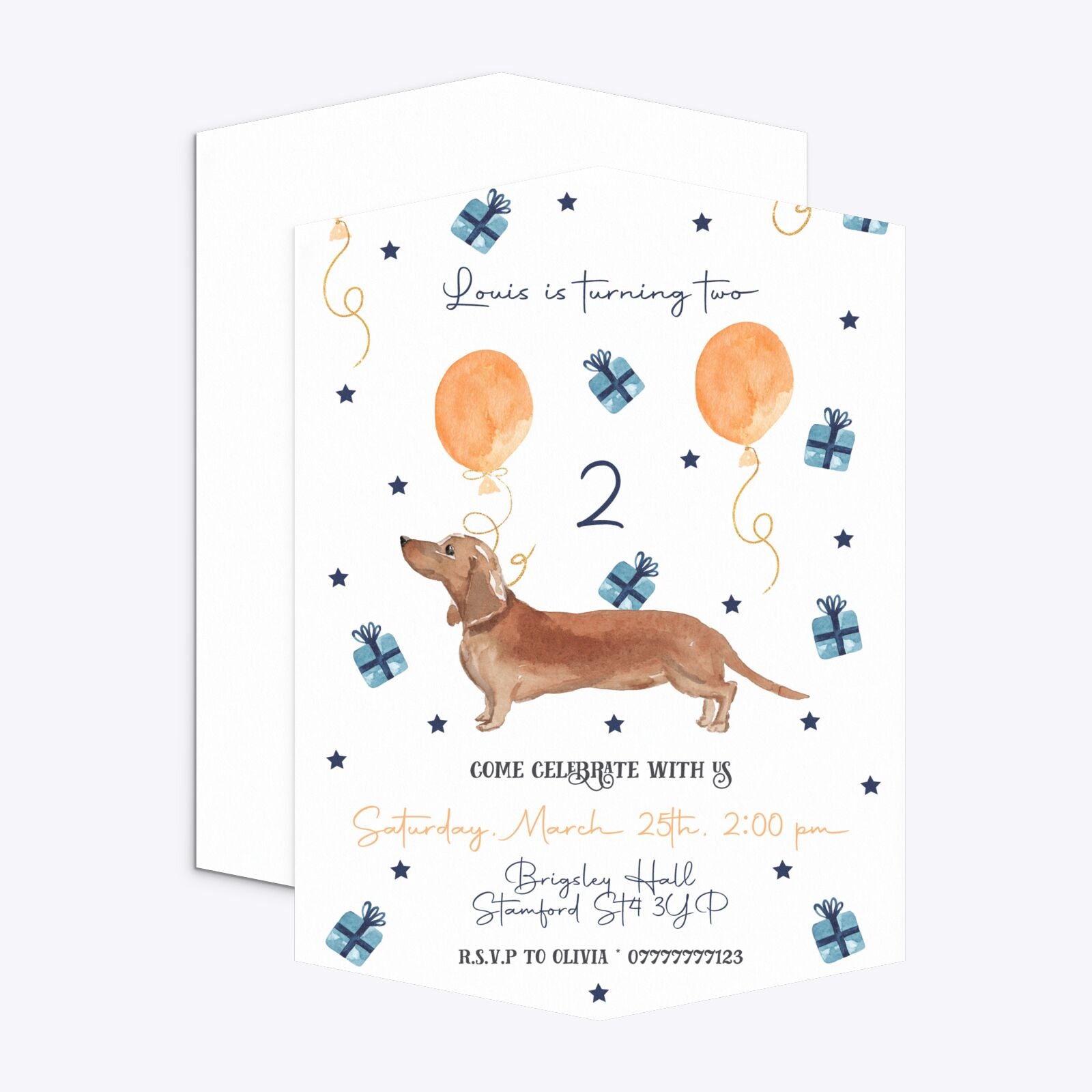 Personalised Dachshund Birthday Geo Invitation Matte Paper Front and Back Image
