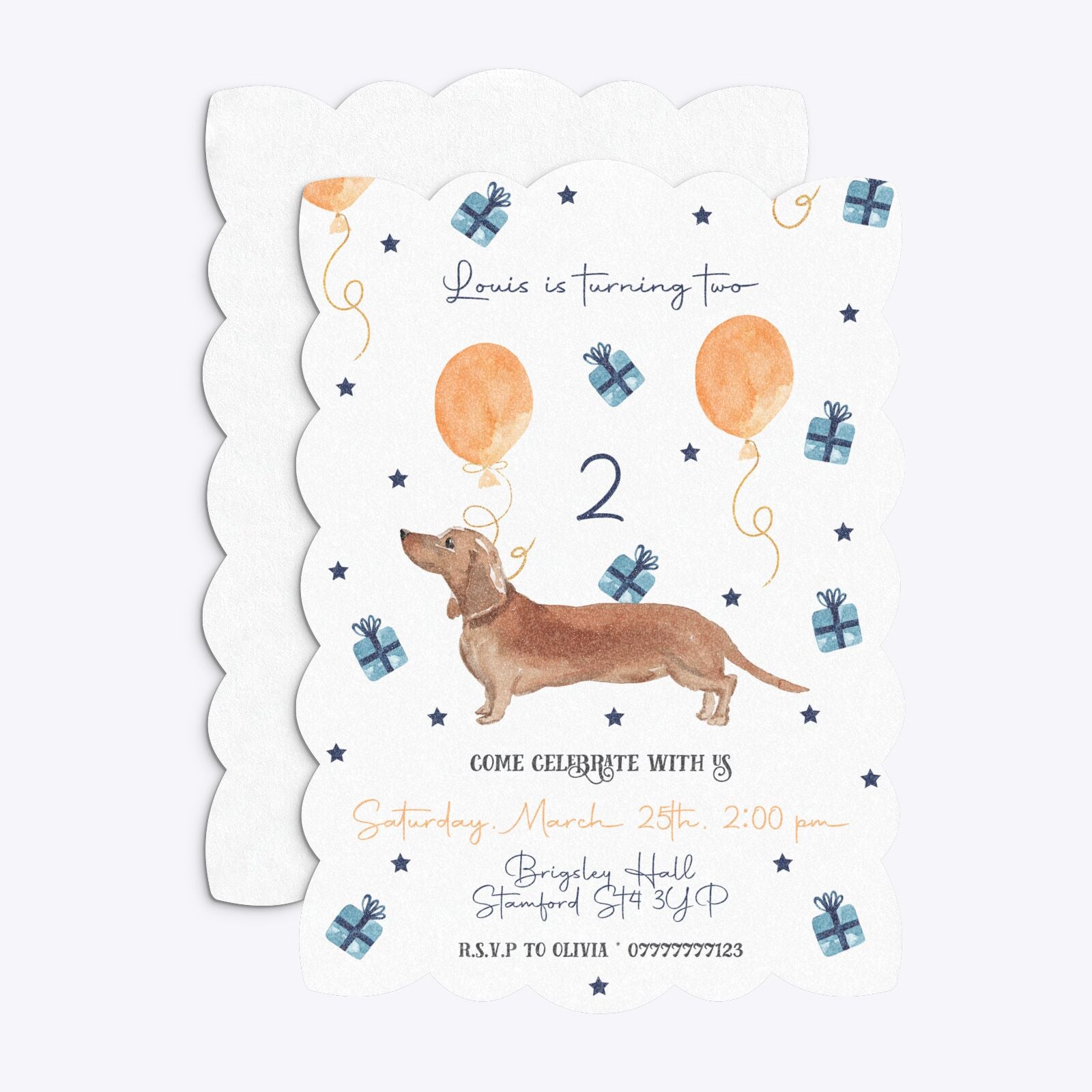 Personalised Dachshund Birthday Petal Invitation Glitter Front and Back Image