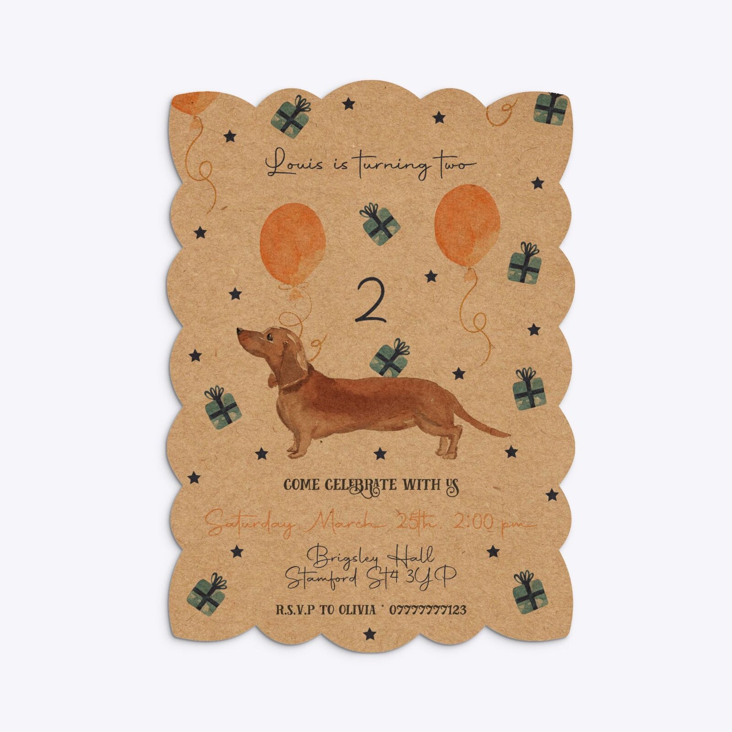 Personalised Dachshund Birthday Petal Invitation Kraft
