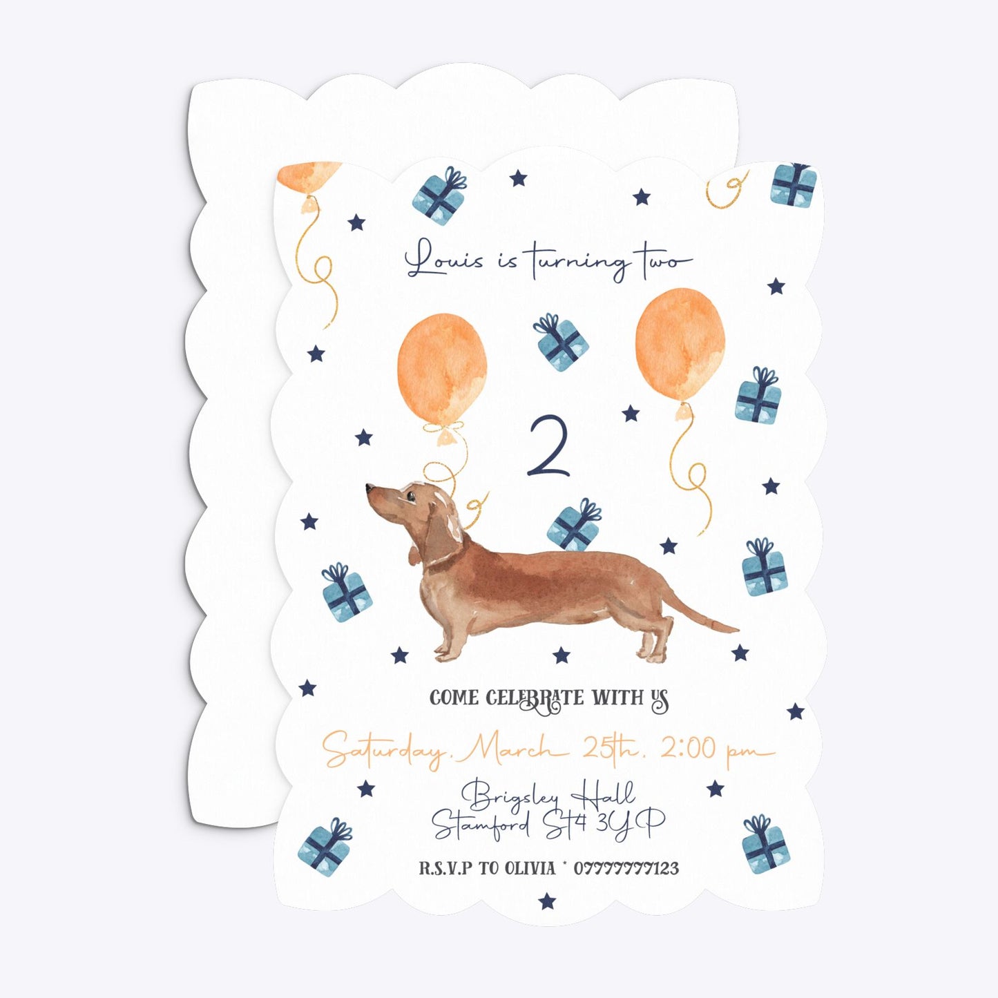 Personalised Dachshund Birthday Petal Invitation Matte Paper Front and Back Image