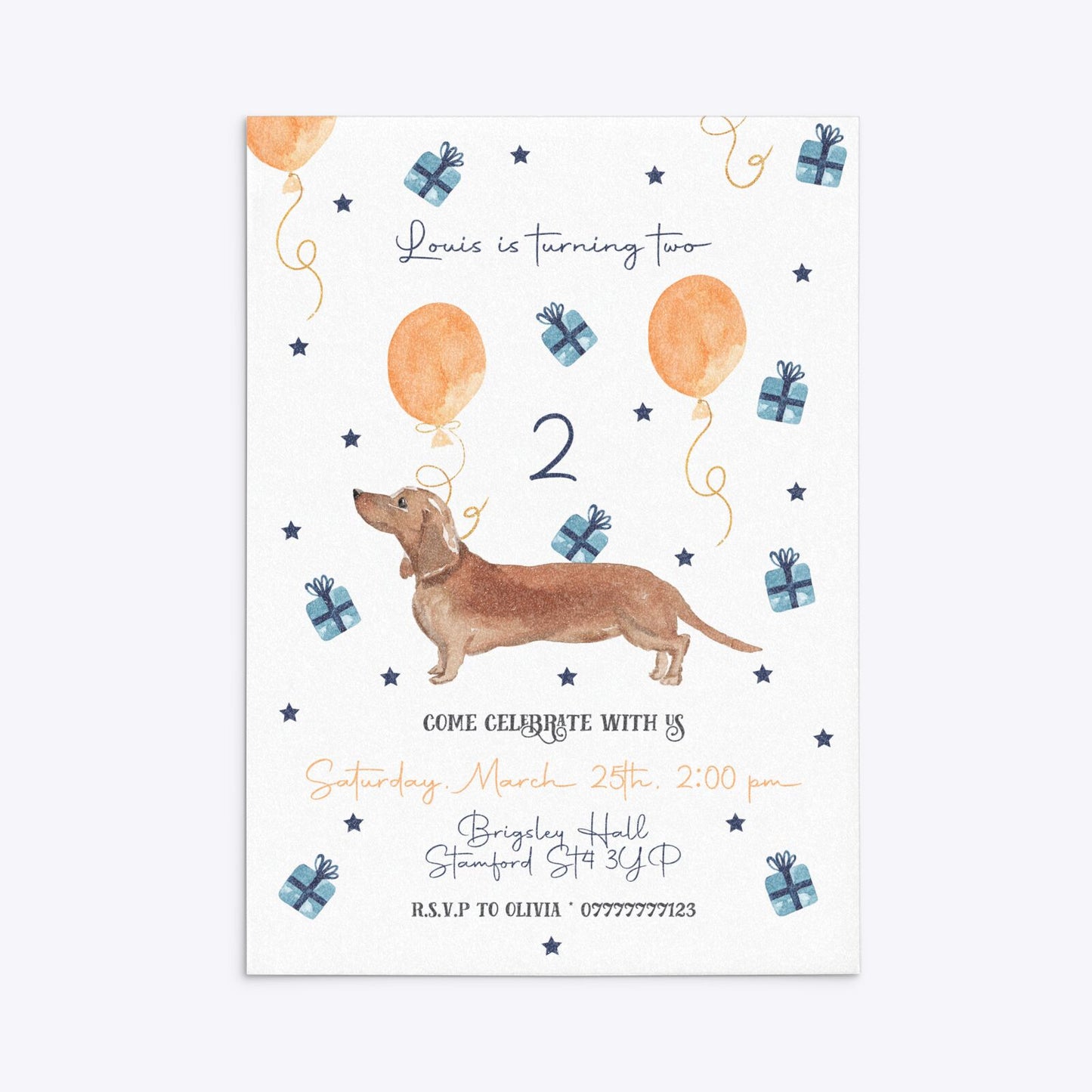 Personalised Dachshund Birthday Rectangle Invitation Glitter