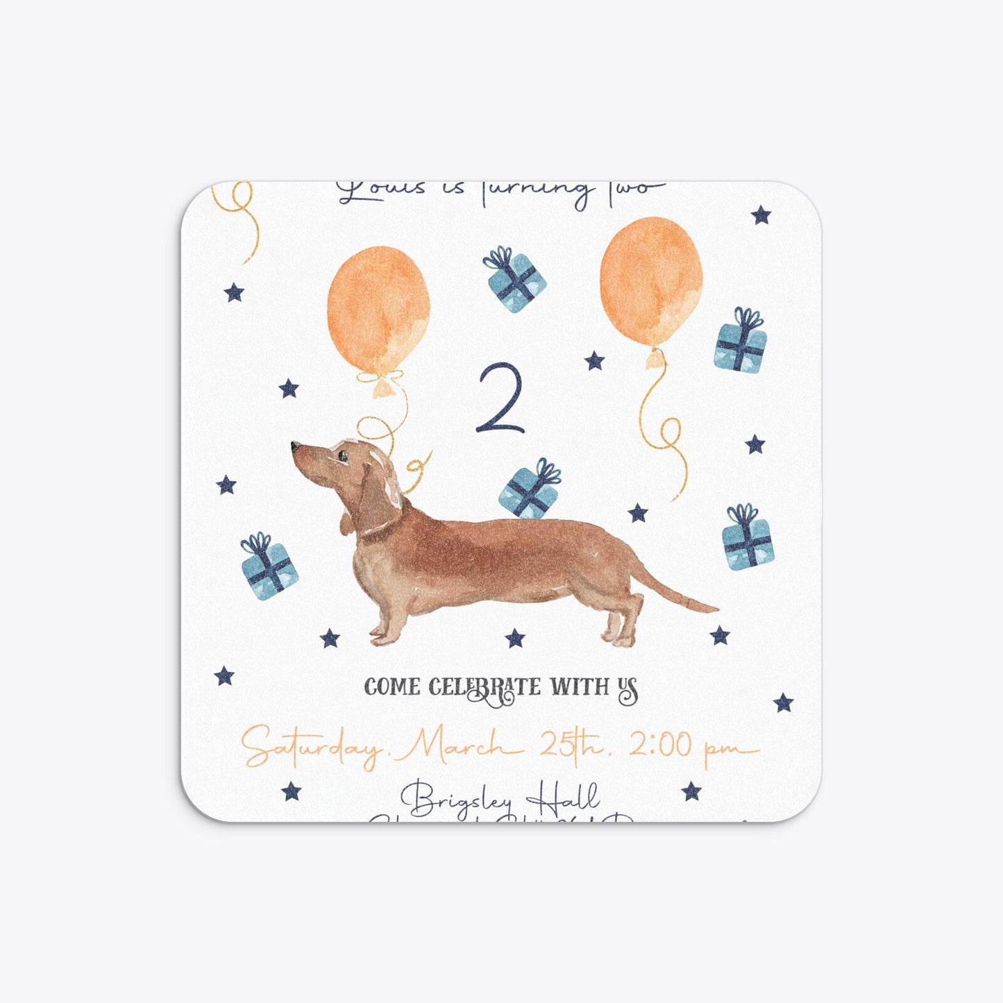 Personalised Dachshund Birthday Rounded 5 25x5 25 Invitation Glitter