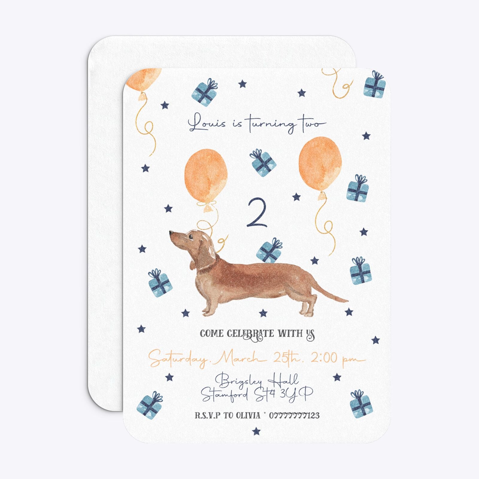 Personalised Dachshund Birthday Rounded Invitation Glitter Front and Back Image