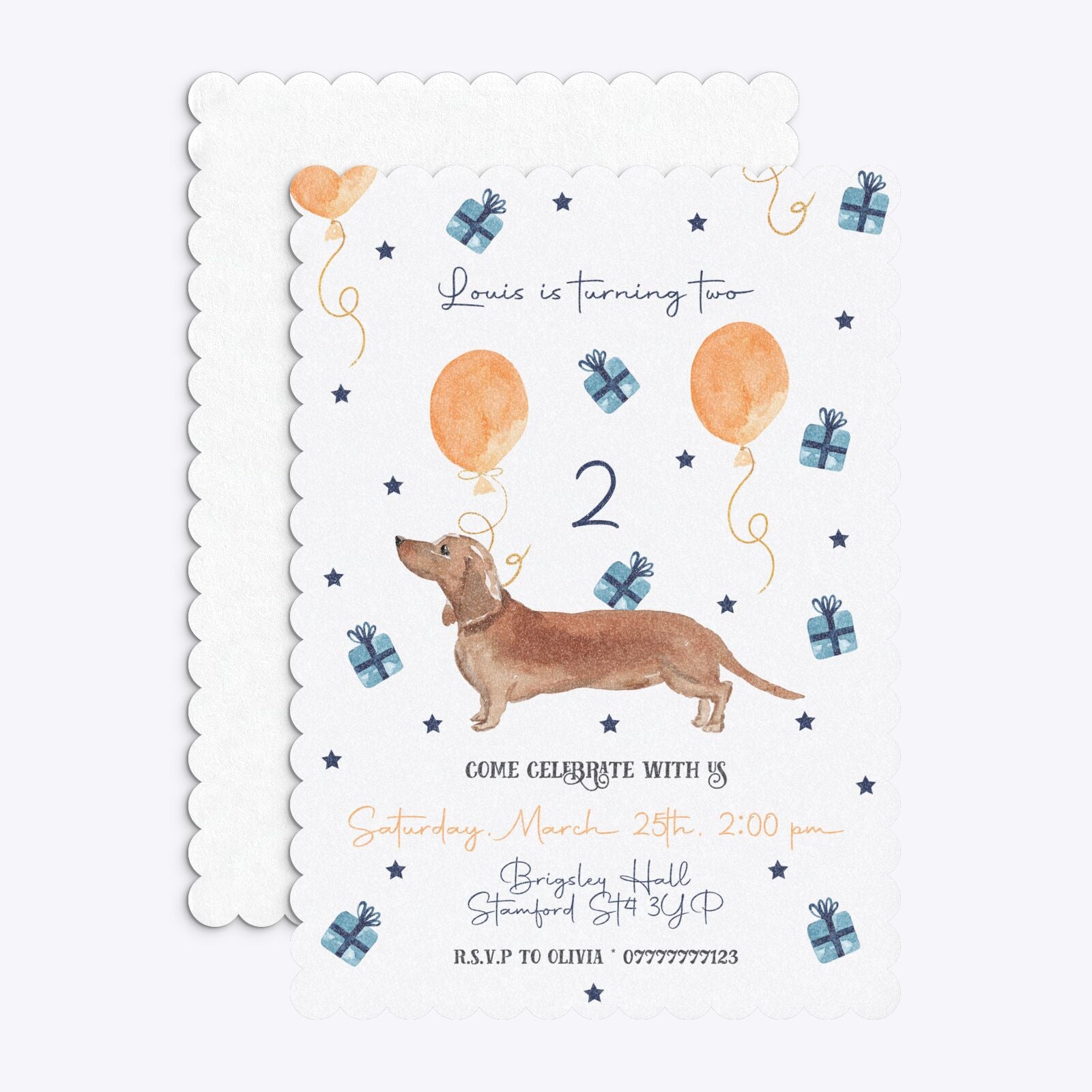 Personalised Dachshund Birthday Scalloped Invitation Glitter Front and Back Image
