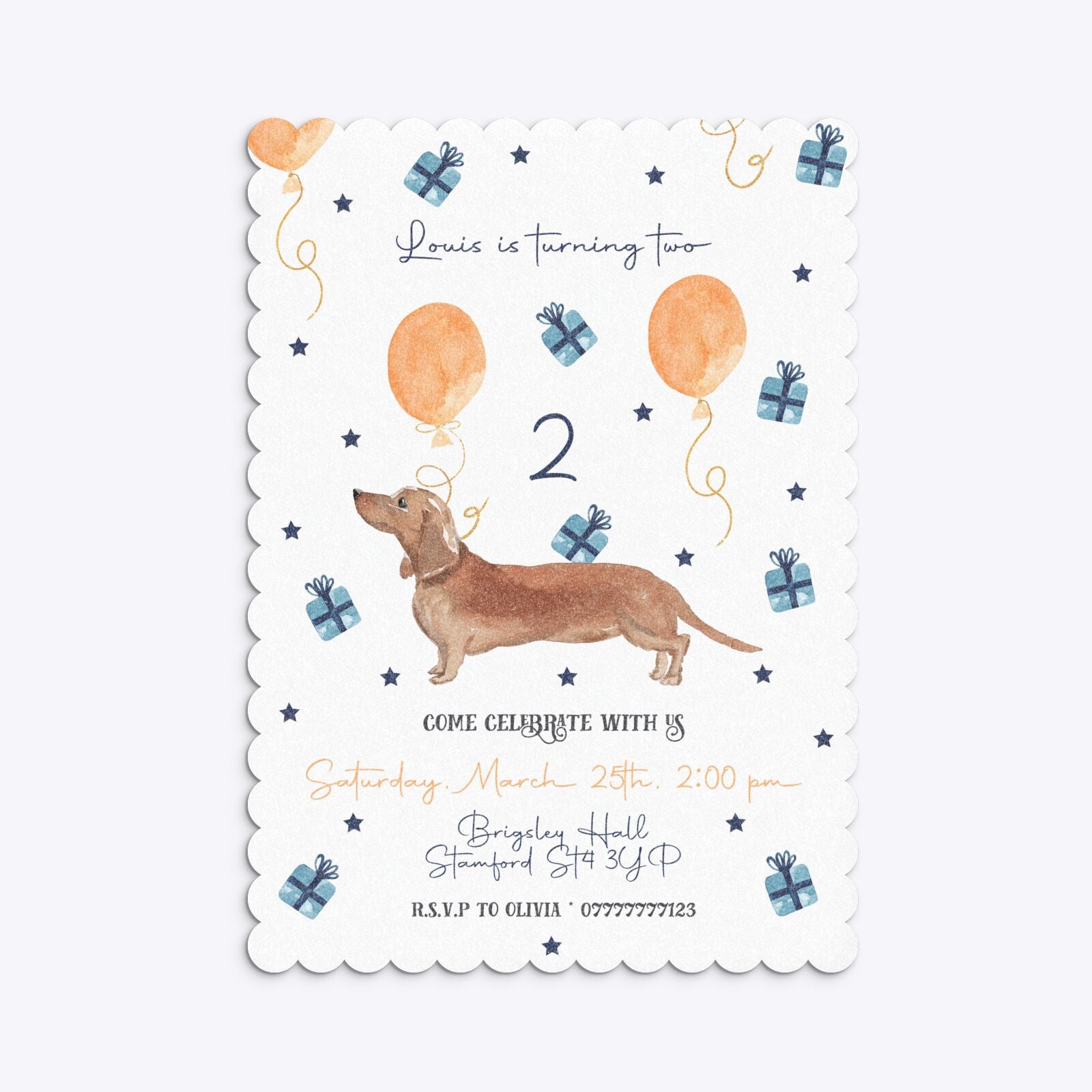 Personalised Dachshund Birthday Scalloped Invitation Glitter