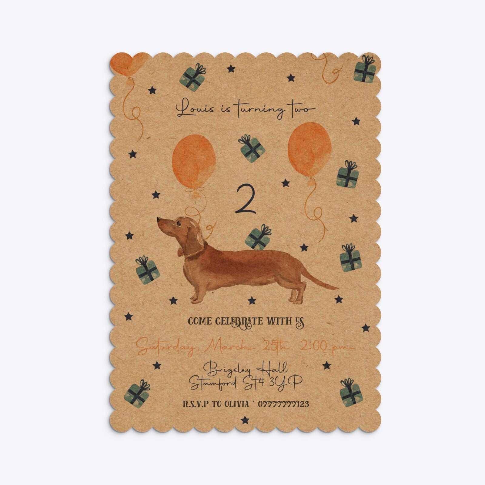 Personalised Dachshund Birthday Scalloped Invitation Kraft