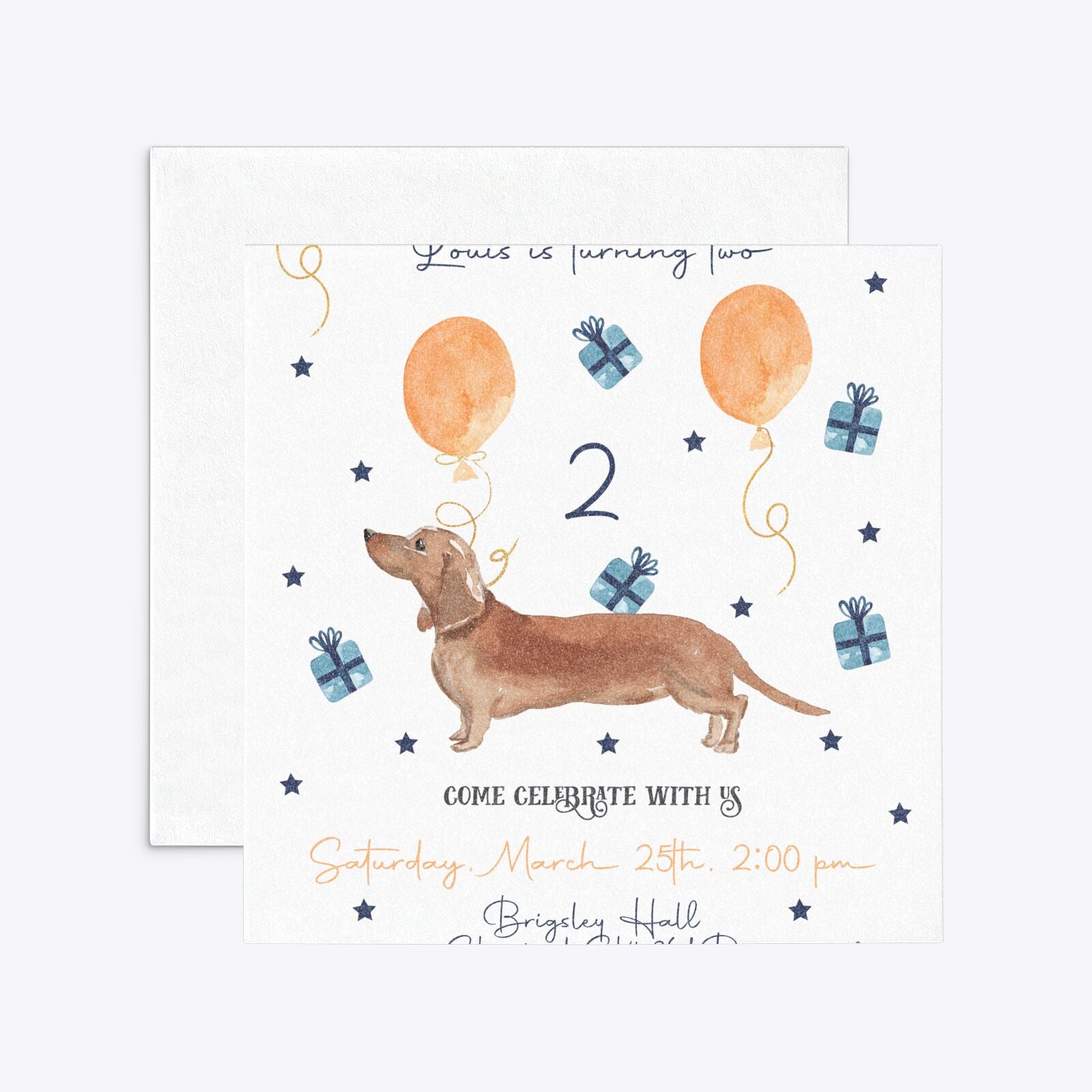 Personalised Dachshund Birthday Square 5 25x5 25 Invitation Glitter Front and Back Image