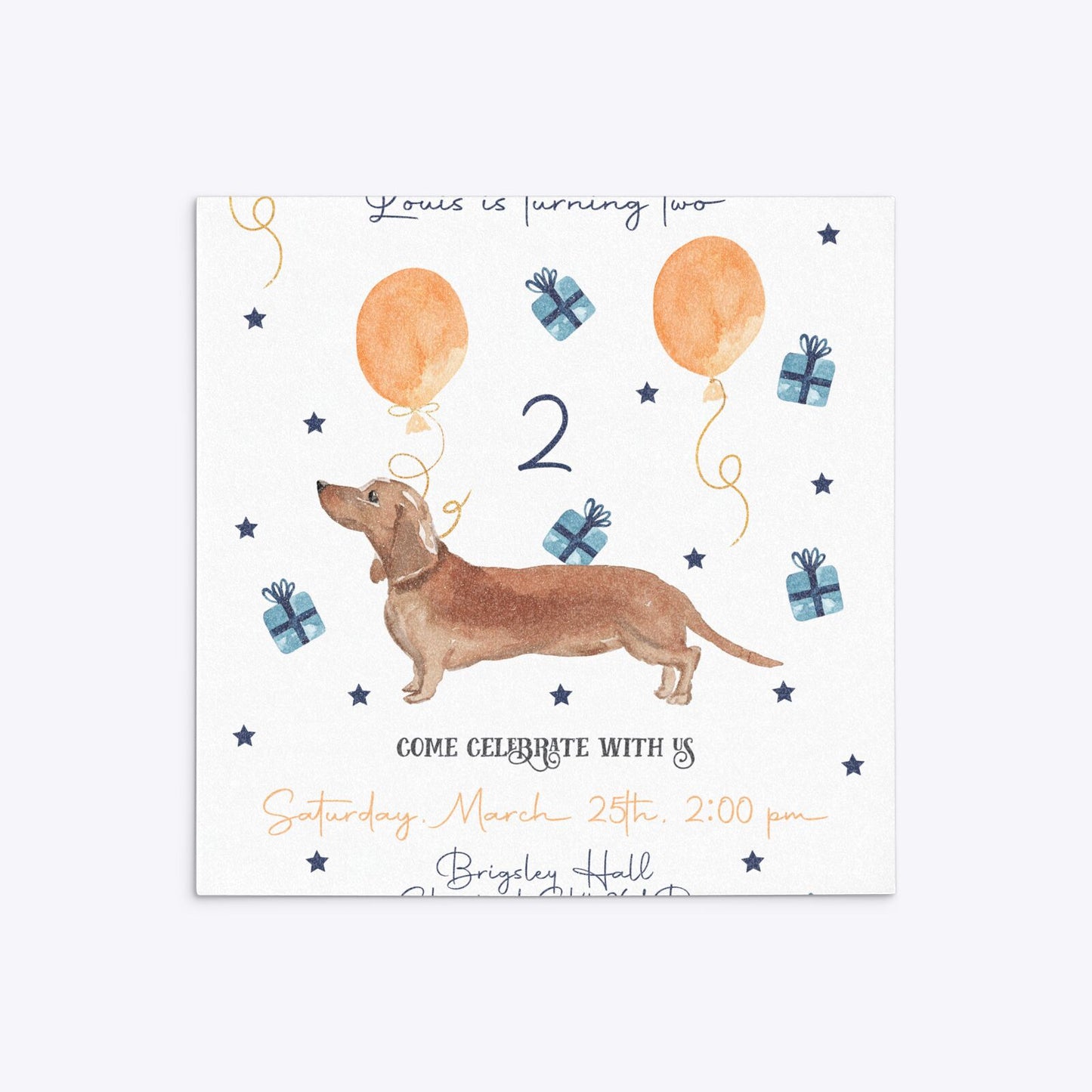 Personalised Dachshund Birthday Square 5 25x5 25 Invitation Glitter