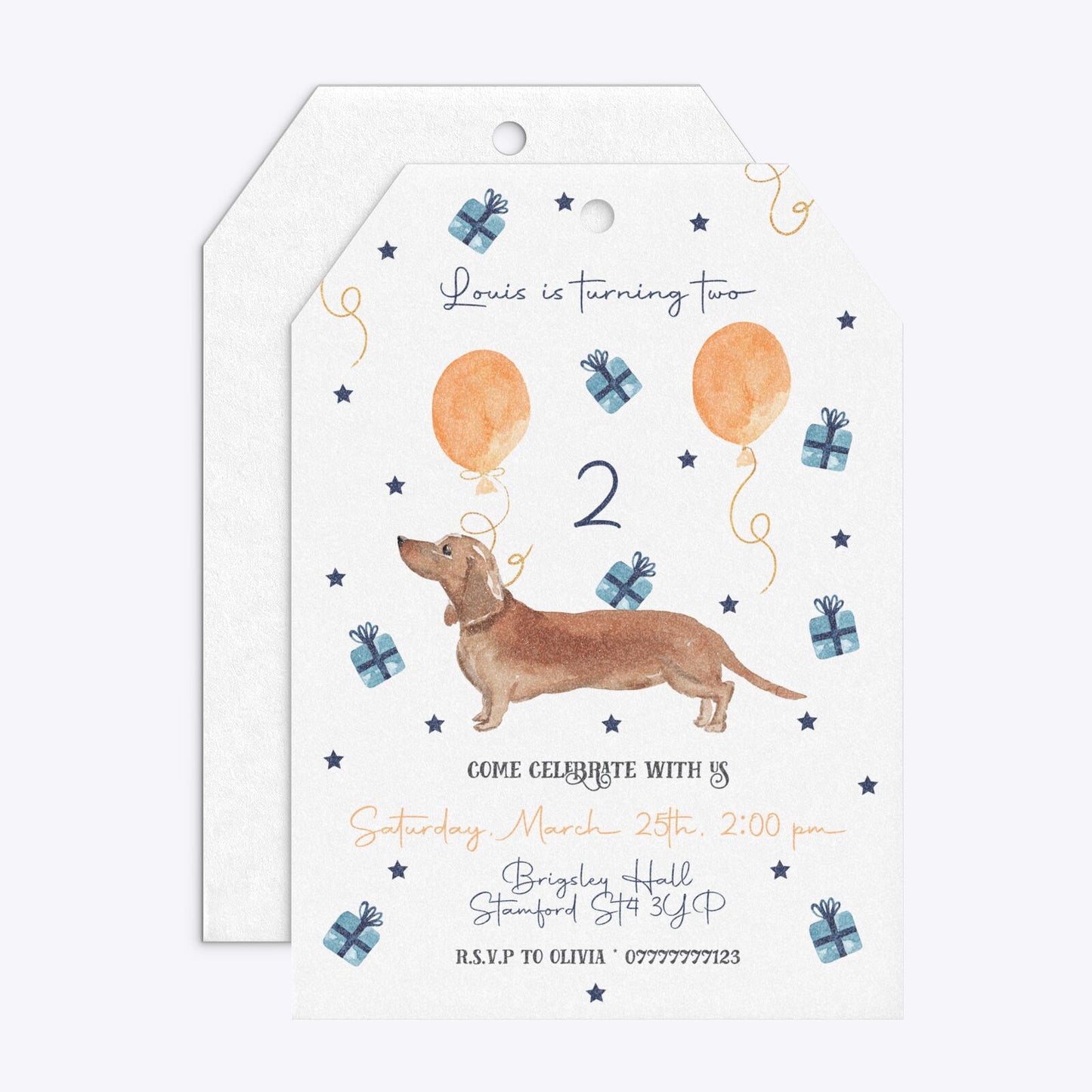 Personalised Dachshund Birthday Tag Invitation Glitter Front and Back Image